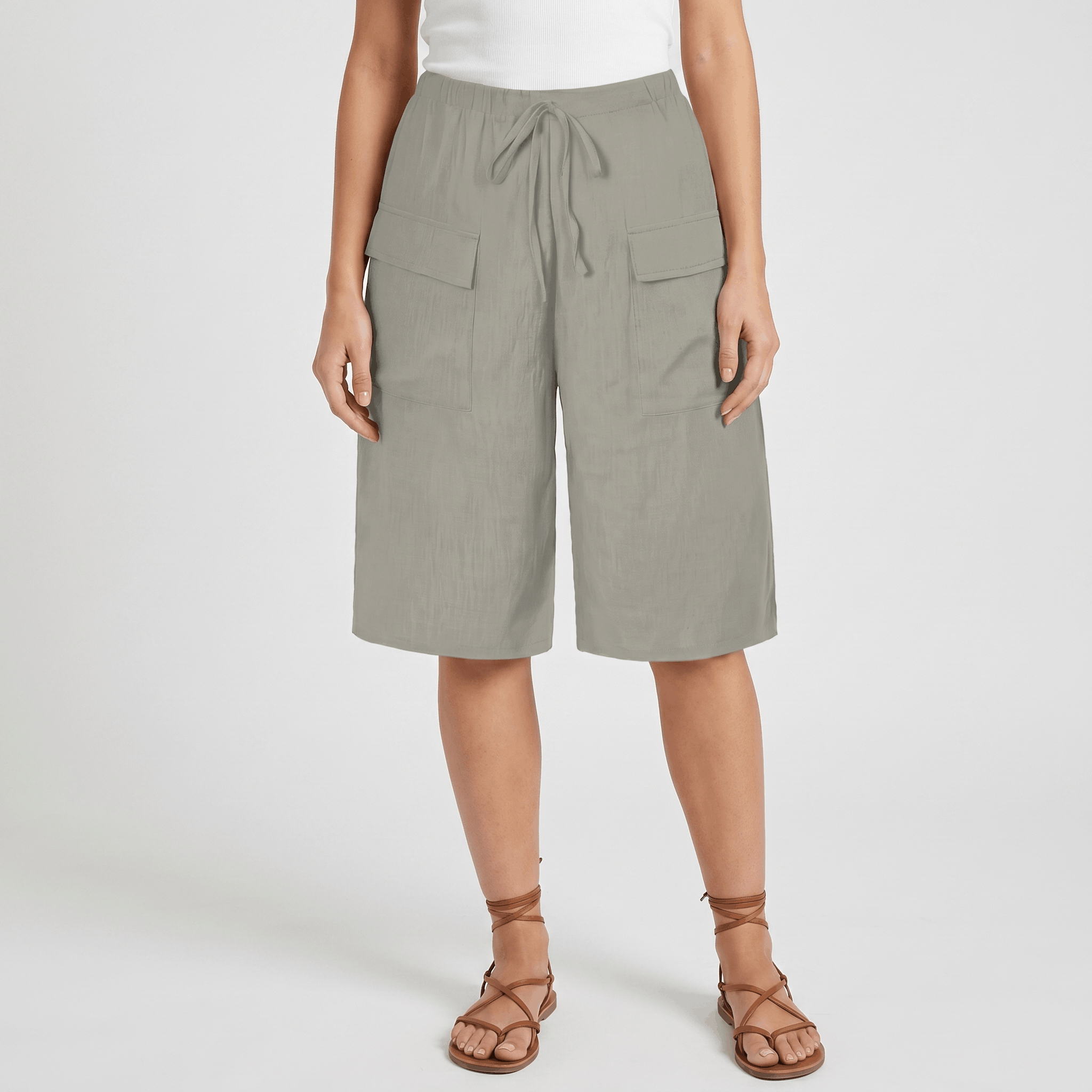 Arlyn Linen Bermuda Shorts – Drawstring Elastic Waist Patch Pocket Relaxed Knee Length Bottoms