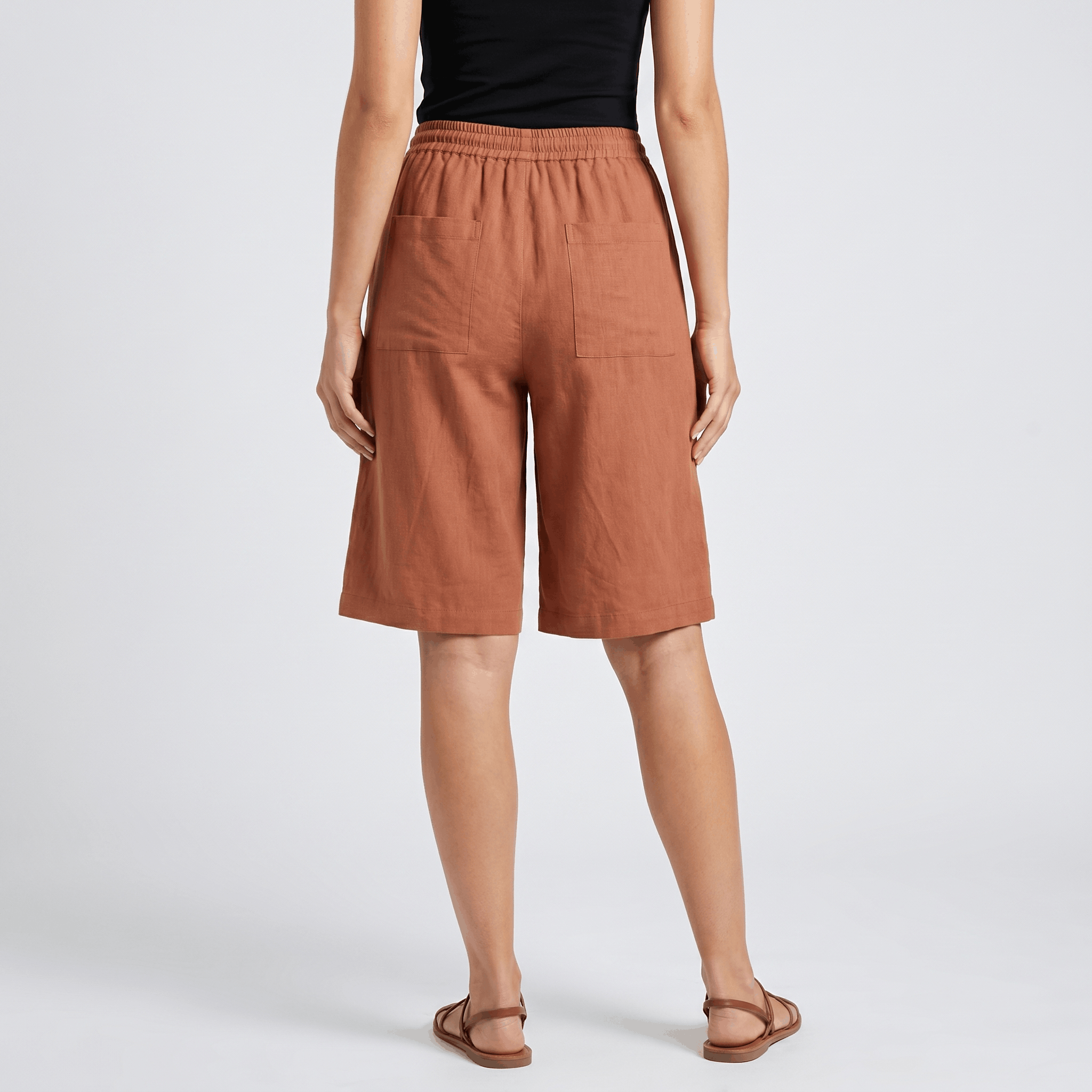 Arlyn Linen Bermuda Shorts – Drawstring Elastic Waist Patch Pocket Relaxed Knee Length Bottoms