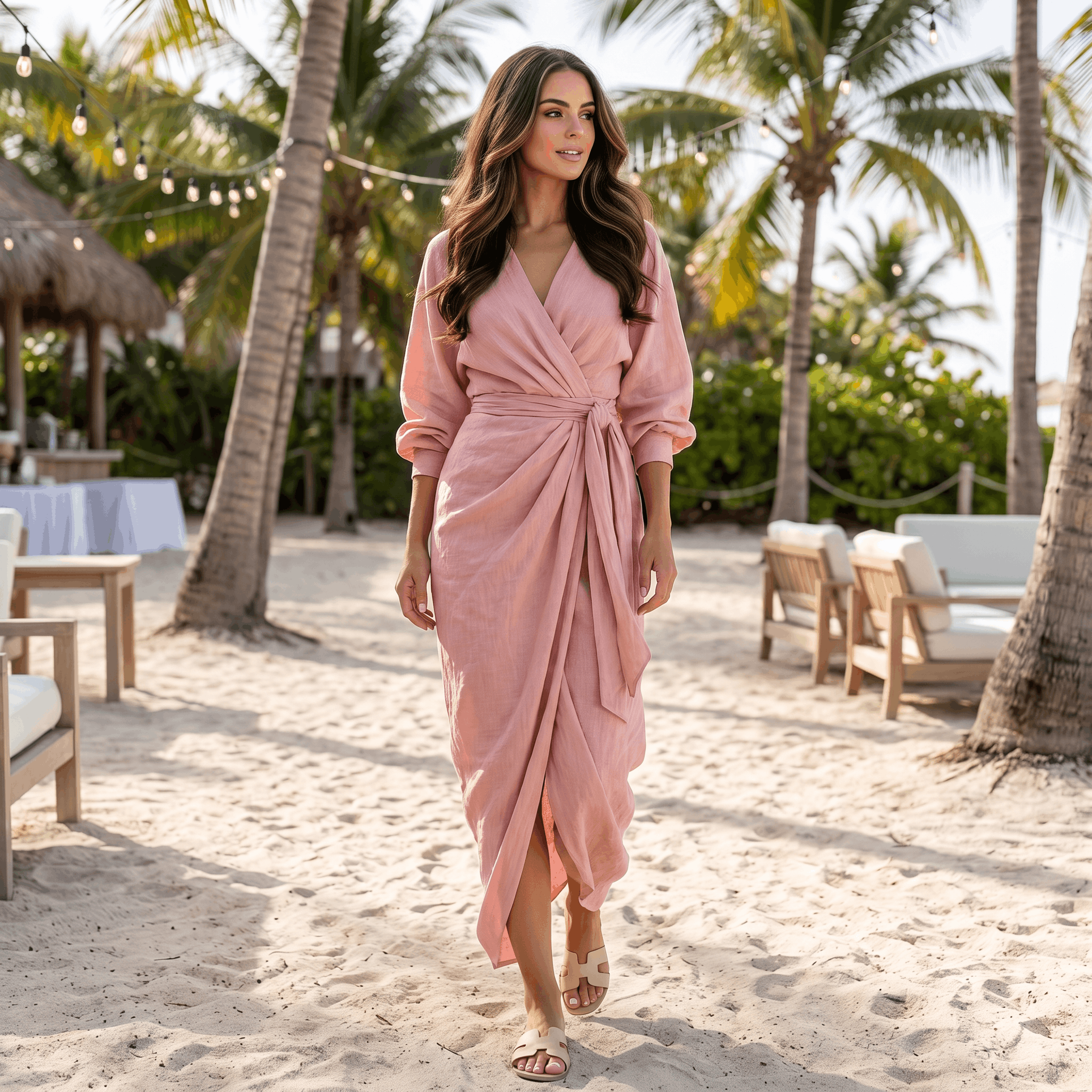 Wendy Linen Maxi Dress – Deep V-Neck Wrap Twist Waist Dolman Sleeve Elegant Flowing Outfit