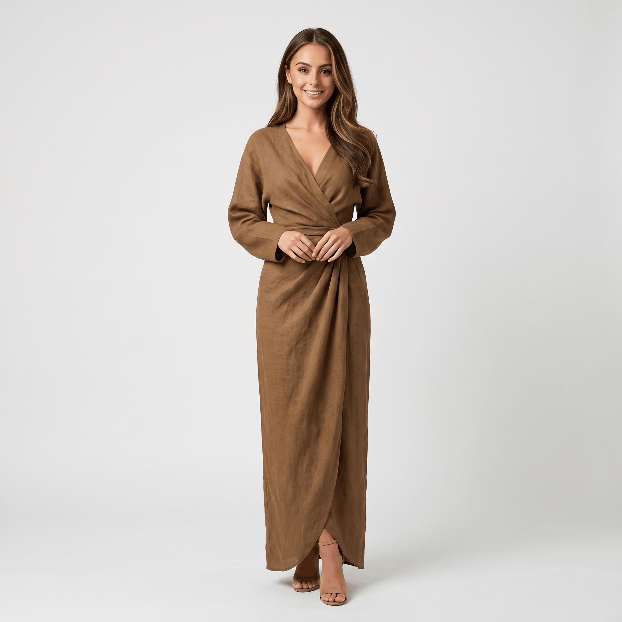 Wendy Linen Maxi Dress – Deep V-Neck Wrap Twist Waist Dolman Sleeve Elegant Flowing Outfit
