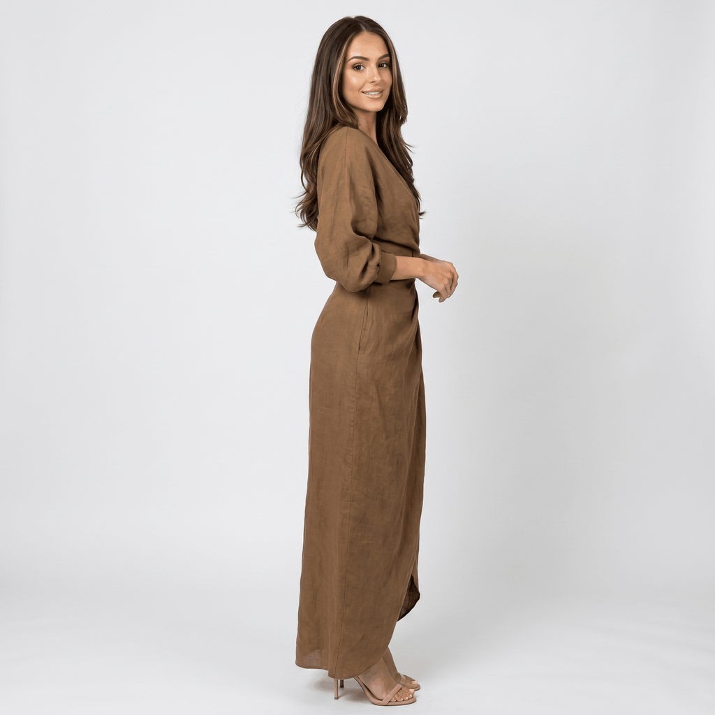 Wendy Linen Maxi Dress – Deep V-Neck Wrap Twist Waist Dolman Sleeve Elegant Flowing Outfit