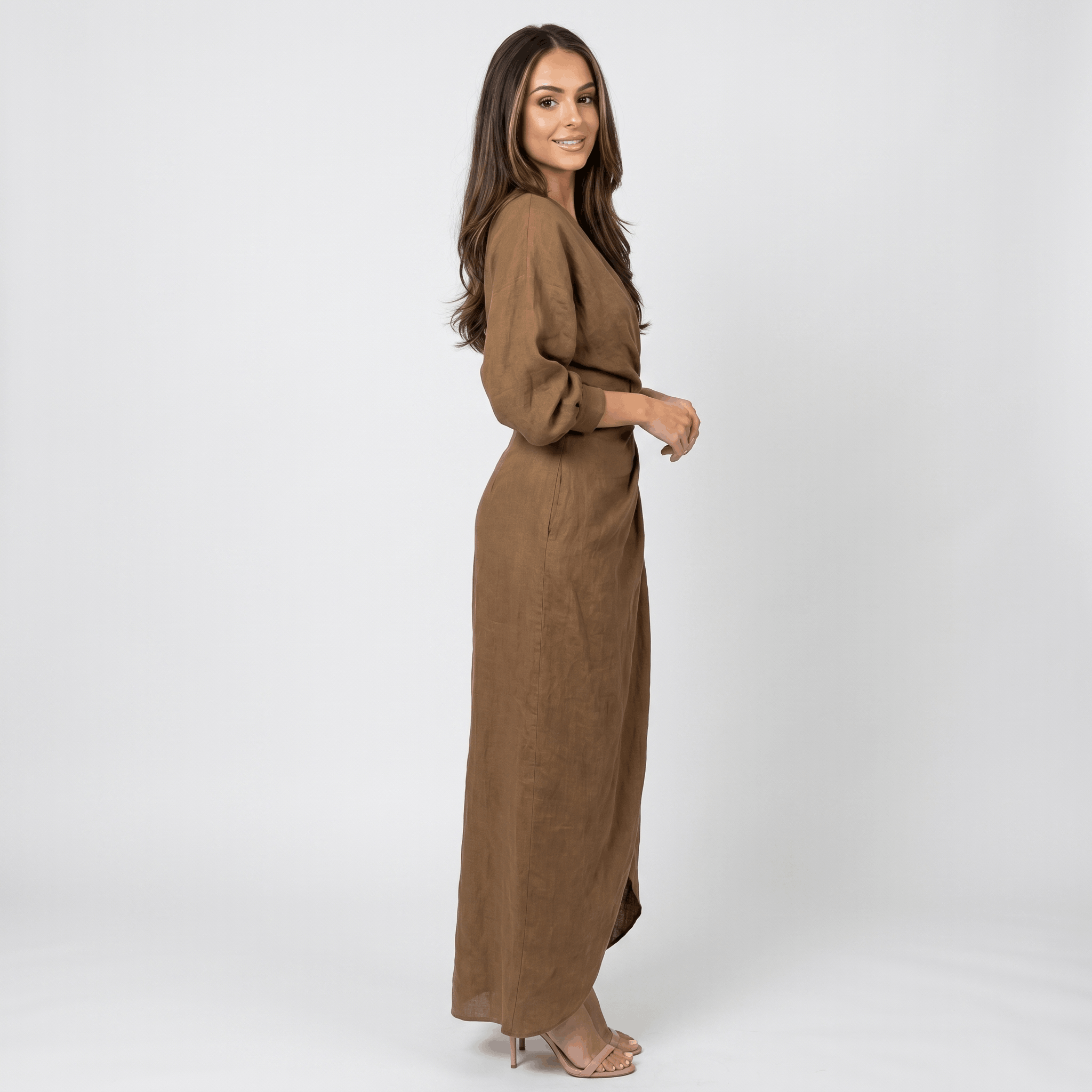 Wendy Linen Maxi Dress – Deep V-Neck Wrap Twist Waist Dolman Sleeve Elegant Flowing Outfit
