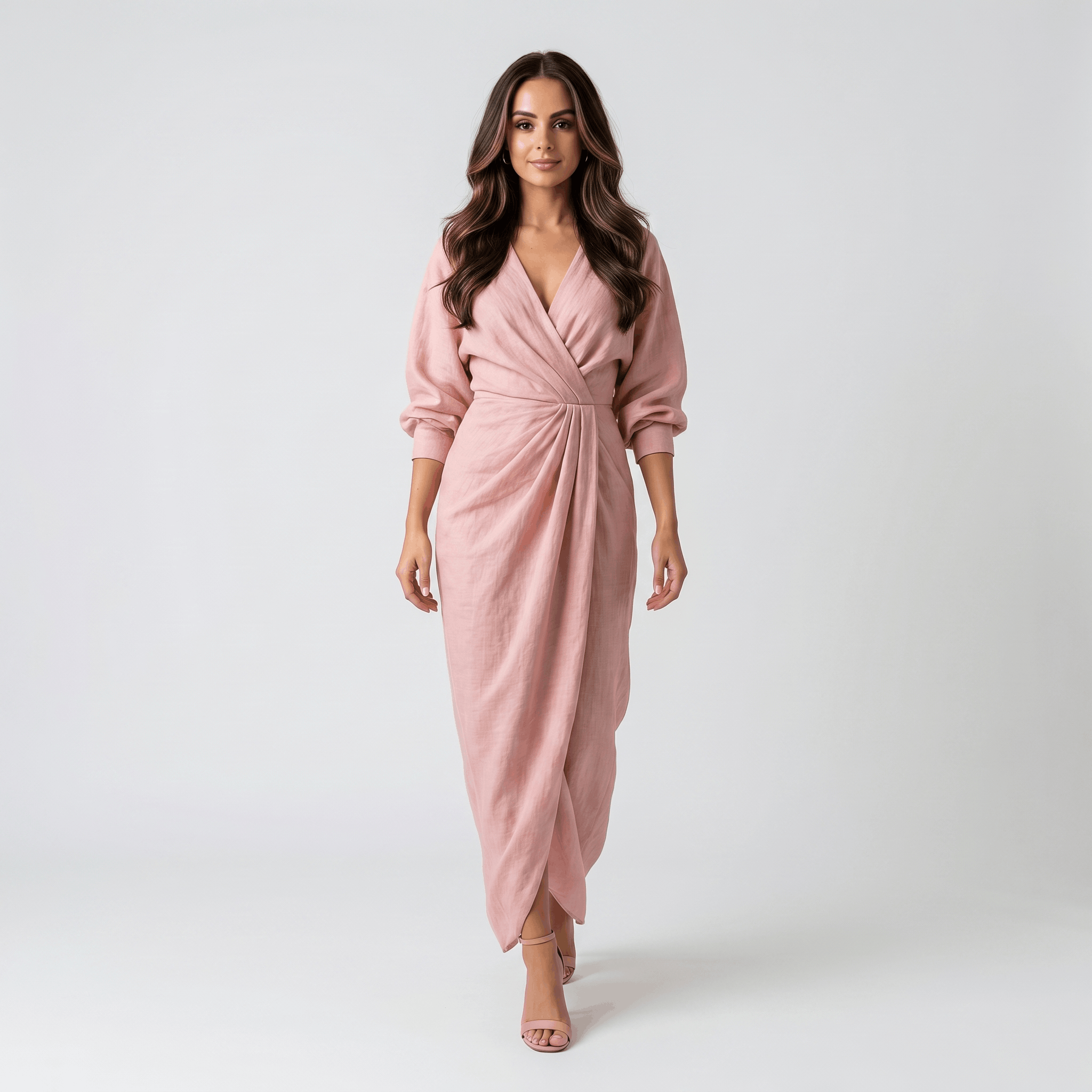 Wendy Linen Maxi Dress – Deep V-Neck Wrap Twist Waist Dolman Sleeve Elegant Flowing Outfit