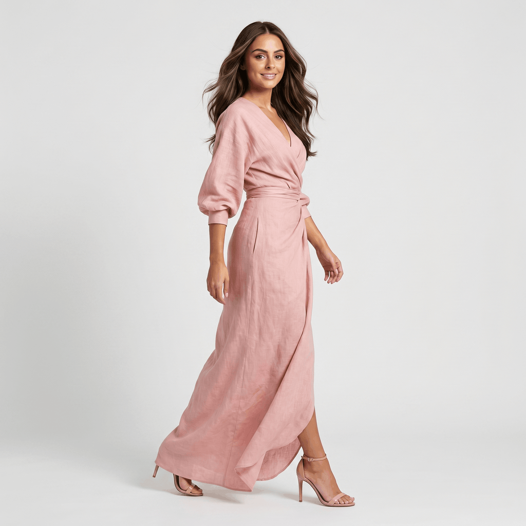 Wendy Linen Maxi Dress – Deep V-Neck Wrap Twist Waist Dolman Sleeve Elegant Flowing Outfit