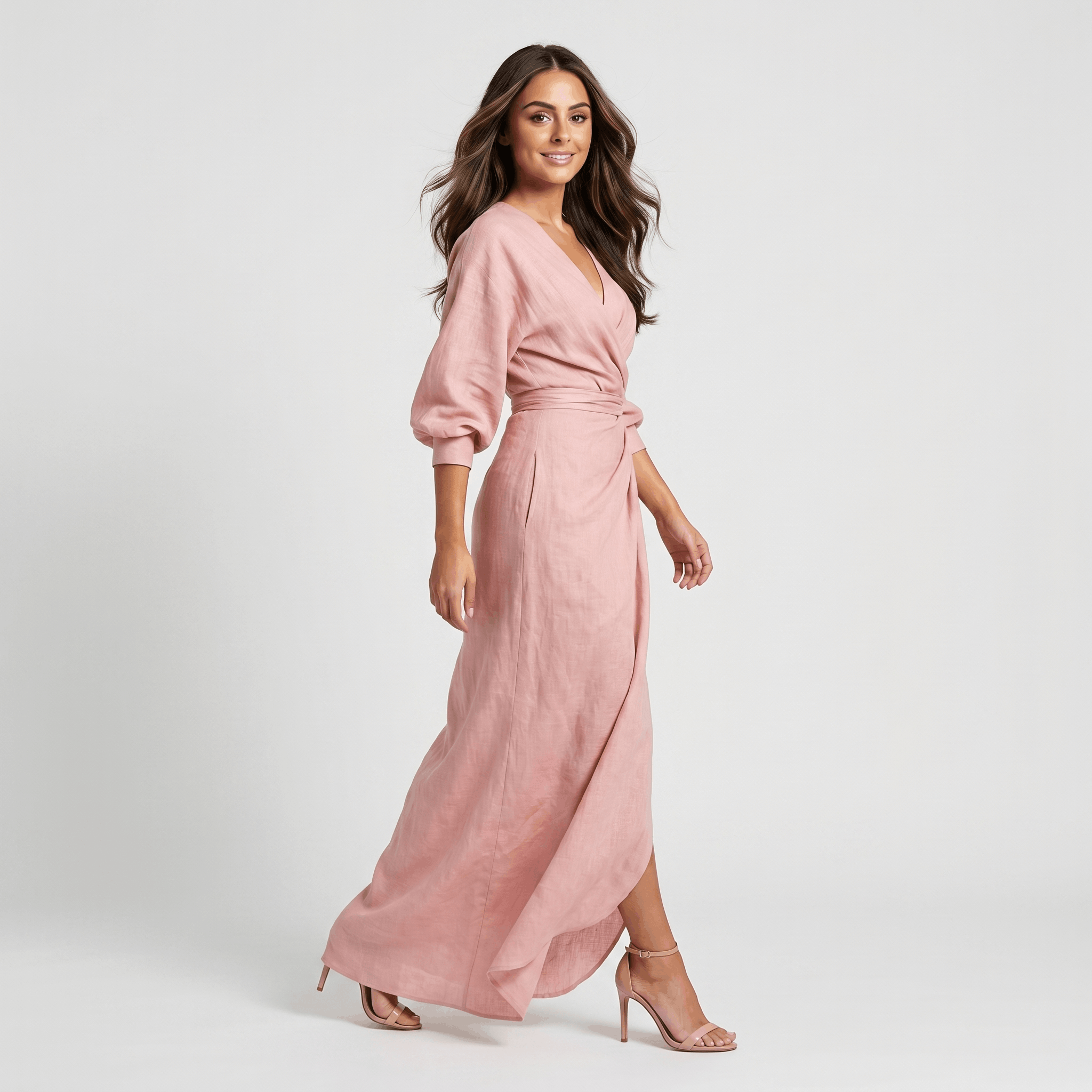 Wendy Linen Maxi Dress – Deep V-Neck Wrap Twist Waist Dolman Sleeve Elegant Flowing Outfit