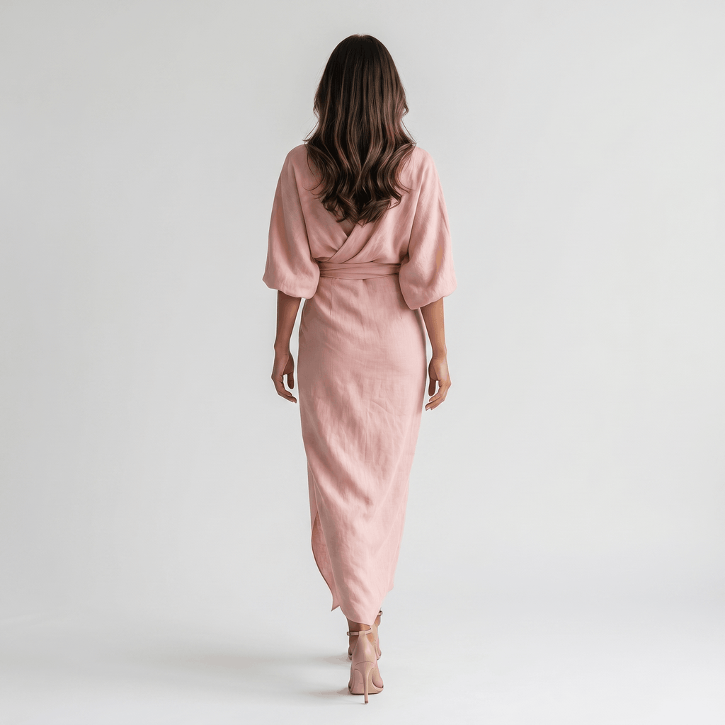 Wendy Linen Maxi Dress – Deep V-Neck Wrap Twist Waist Dolman Sleeve Elegant Flowing Outfit