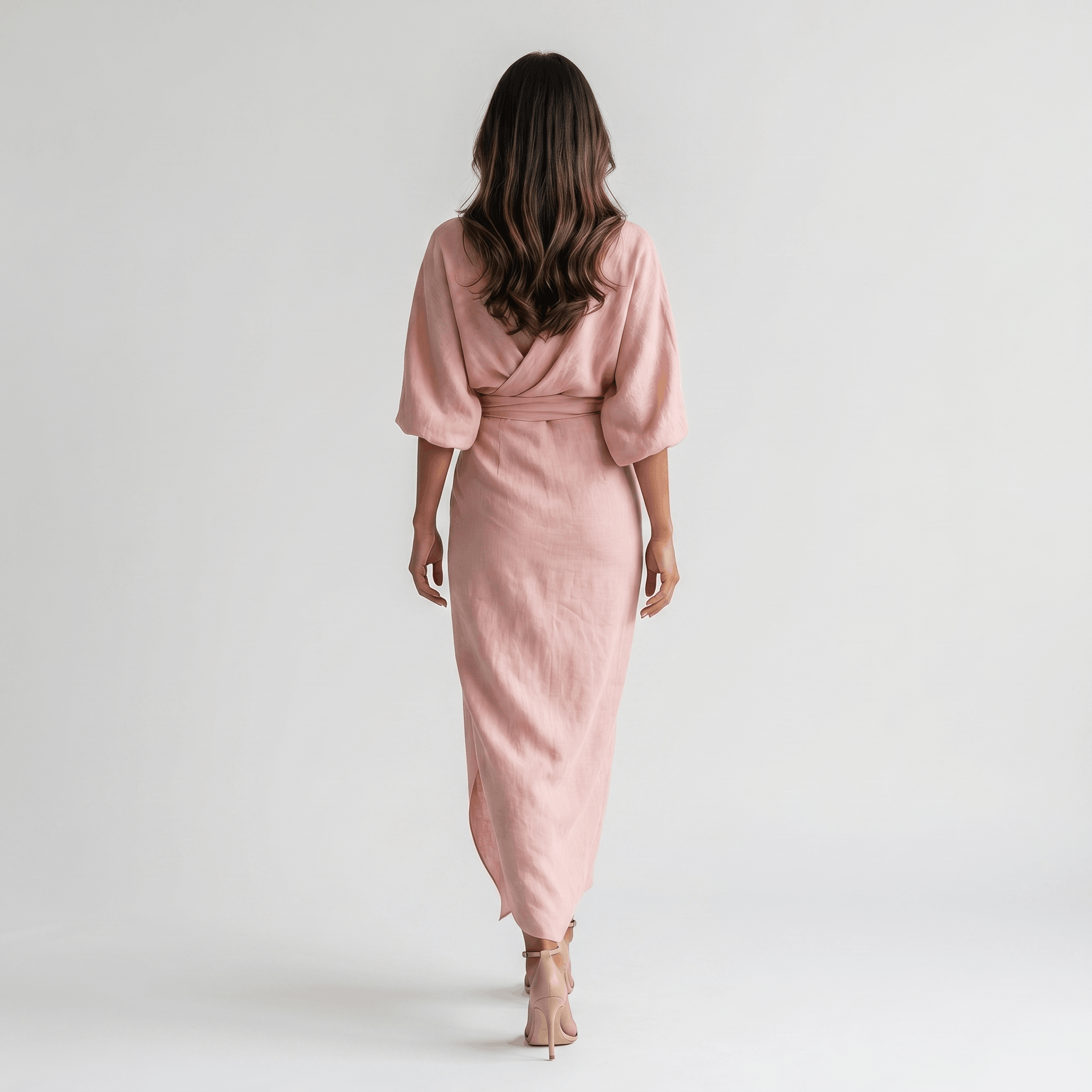 Wendy Linen Maxi Dress – Deep V-Neck Wrap Twist Waist Dolman Sleeve Elegant Flowing Outfit