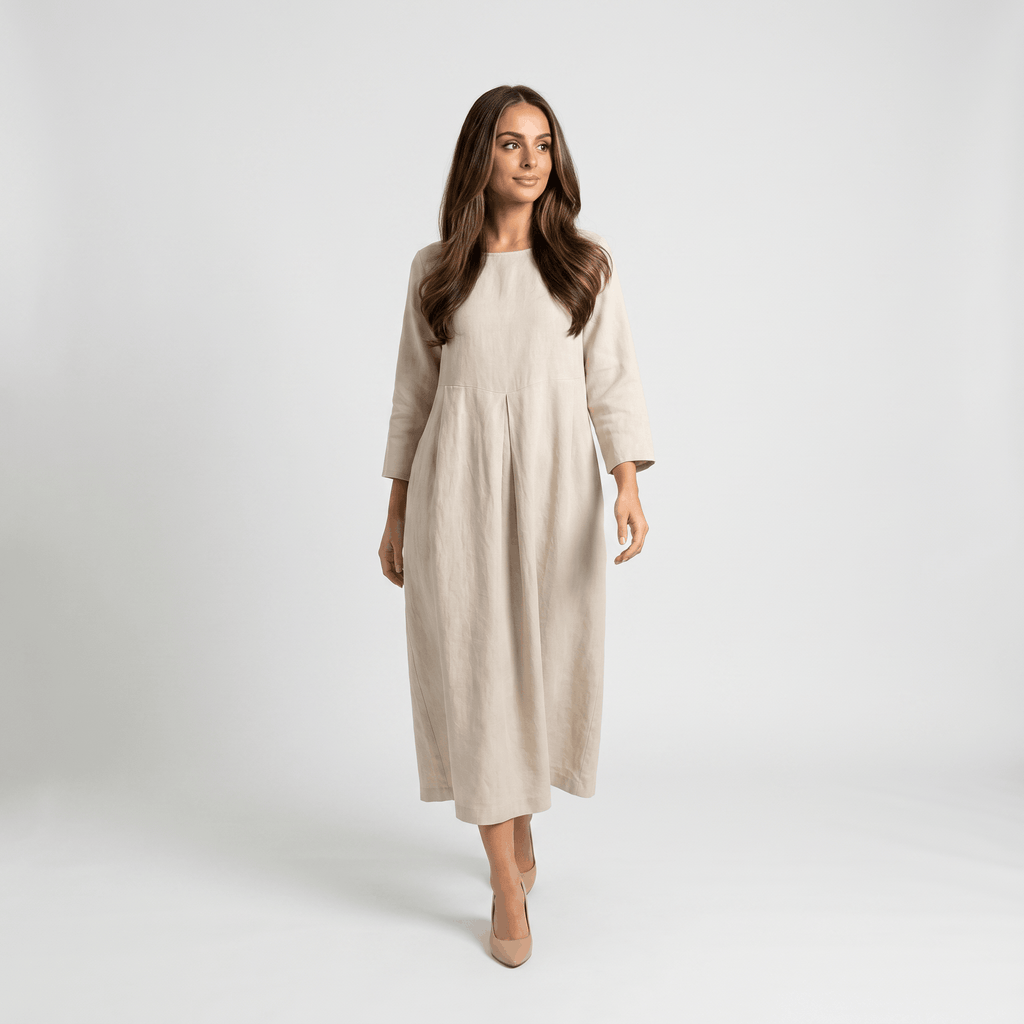 Fiona Cotton Linen Blend Midi Dress – Three Quarter Sleeve Relaxed Everyday Elegance
