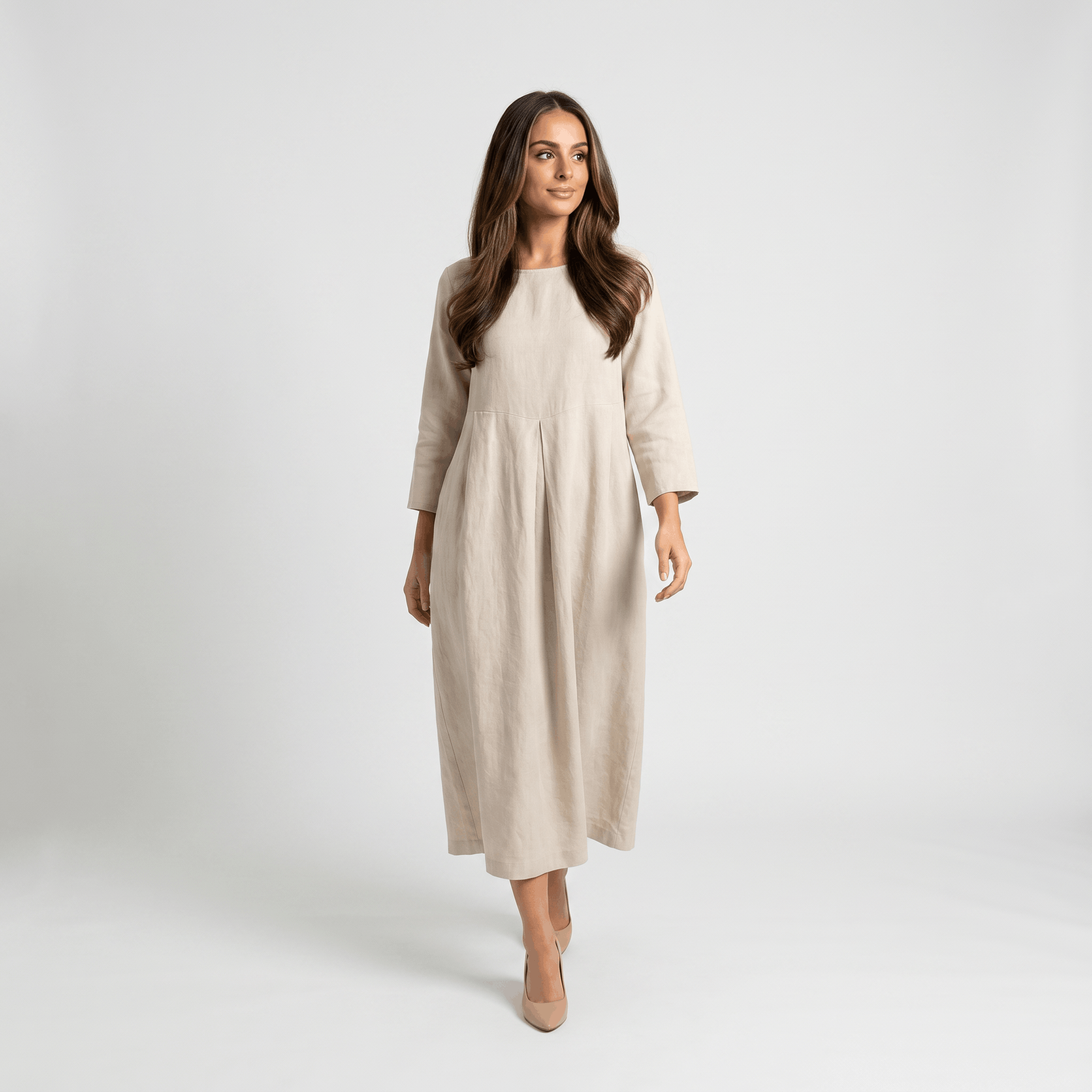 Fiona Cotton Linen Blend Midi Dress – Three Quarter Sleeve Relaxed Everyday Elegance