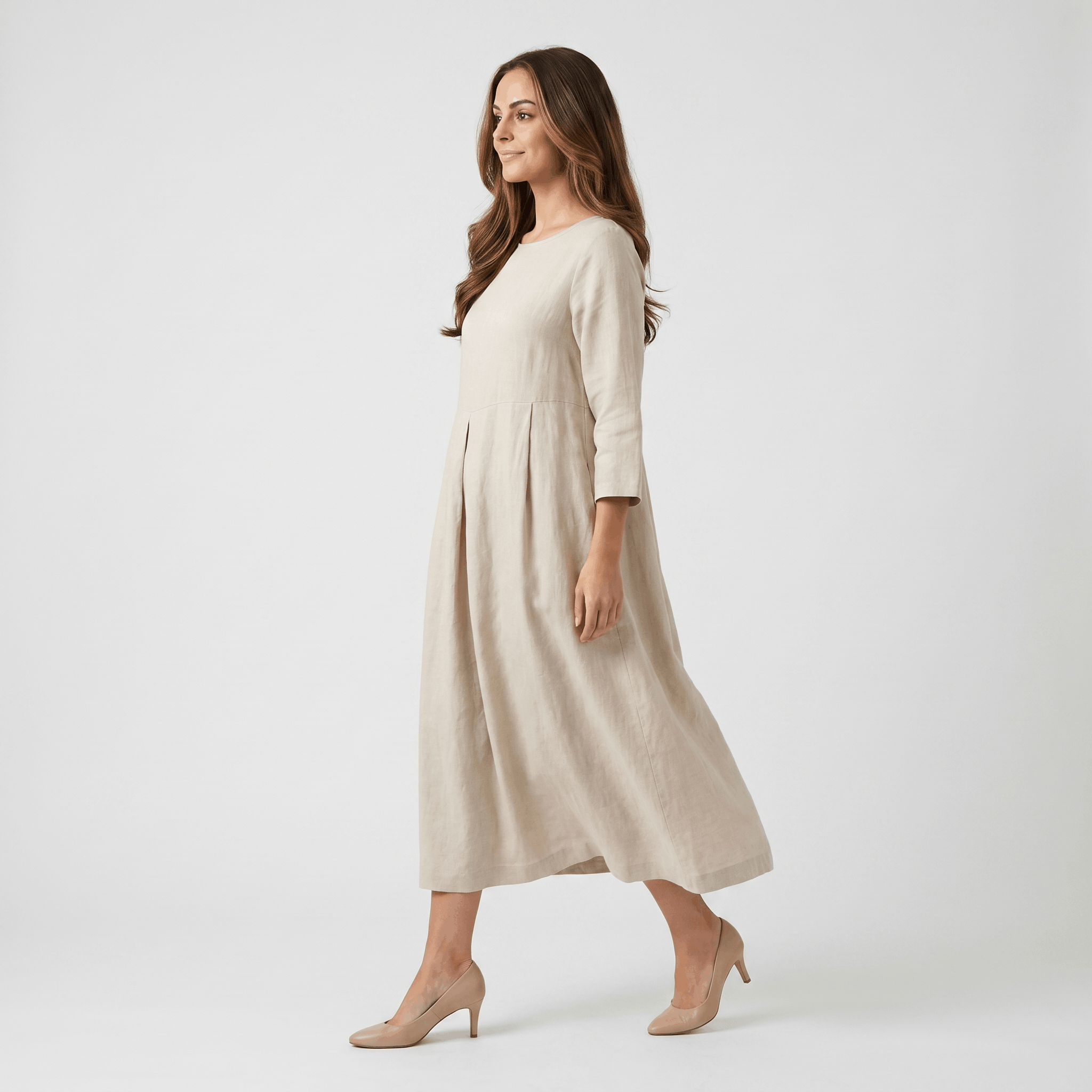 Fiona Cotton Linen Blend Midi Dress – Three Quarter Sleeve Relaxed Everyday Elegance