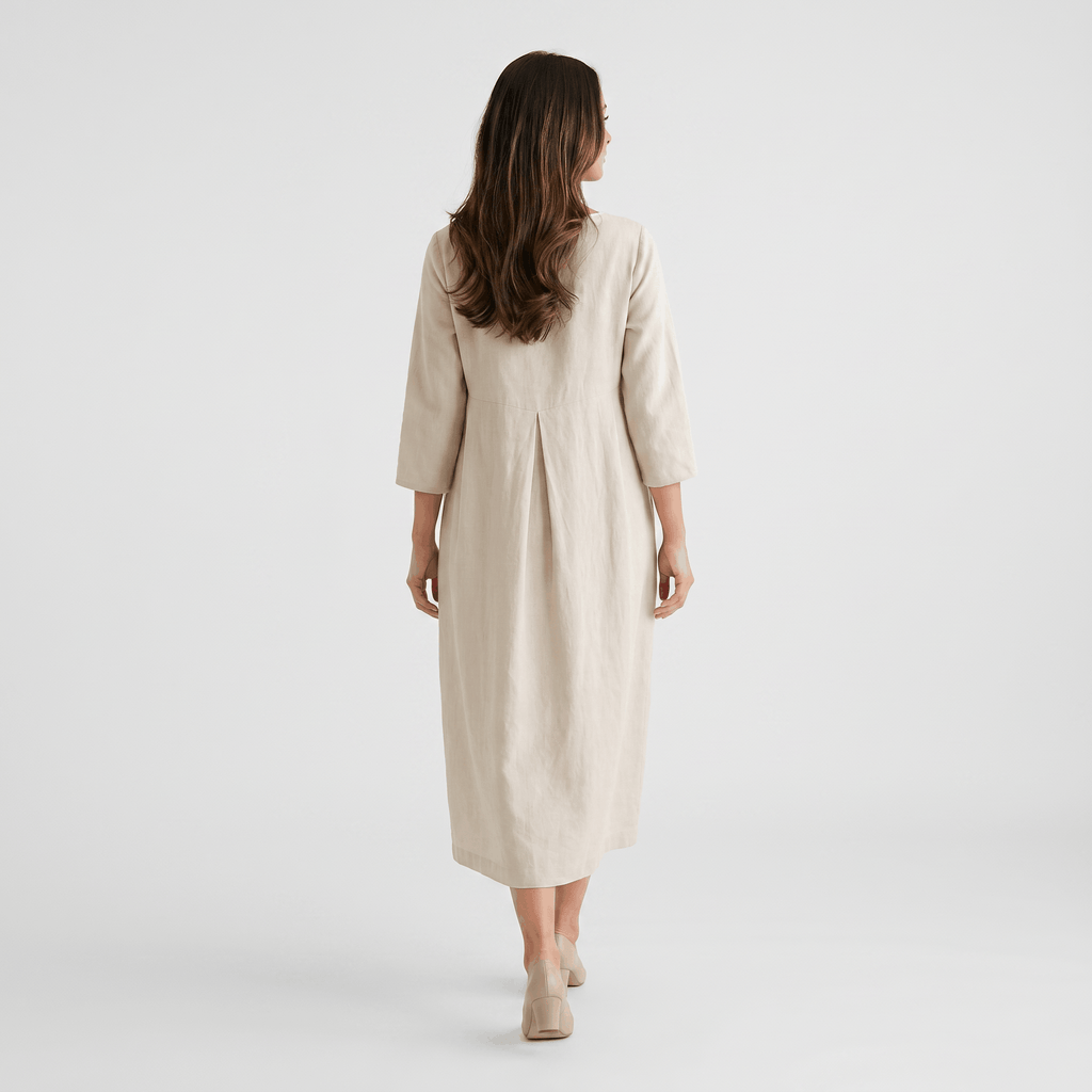 Fiona Cotton Linen Blend Midi Dress – Three Quarter Sleeve Relaxed Everyday Elegance