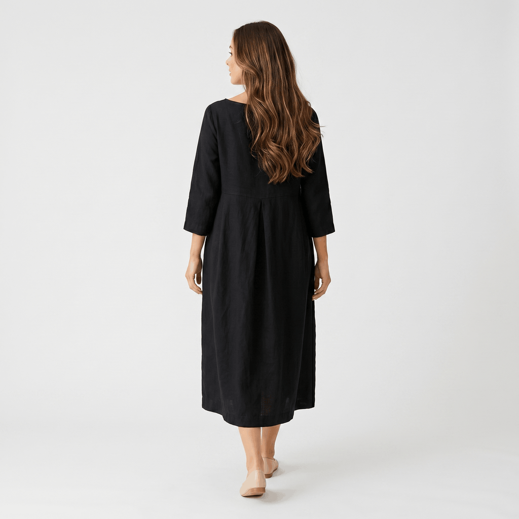 Fiona Cotton Linen Blend Midi Dress – Three Quarter Sleeve Relaxed Everyday Elegance