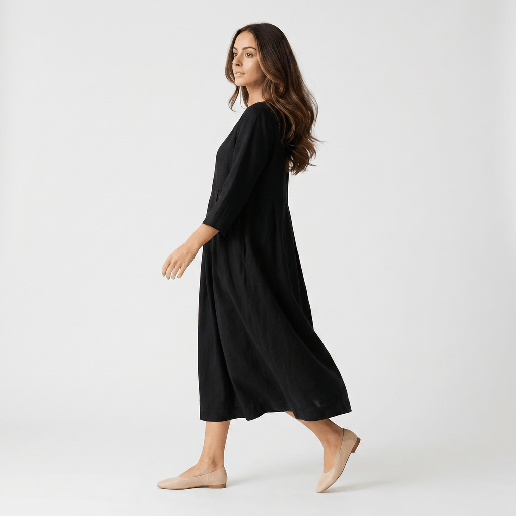 Fiona Cotton Linen Blend Midi Dress – Three Quarter Sleeve Relaxed Everyday Elegance