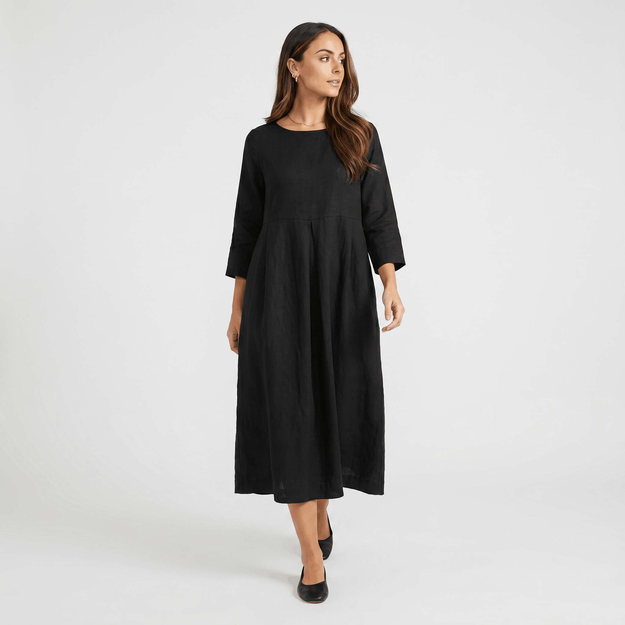 Fiona Cotton Linen Blend Midi Dress – Three Quarter Sleeve Relaxed Everyday Elegance