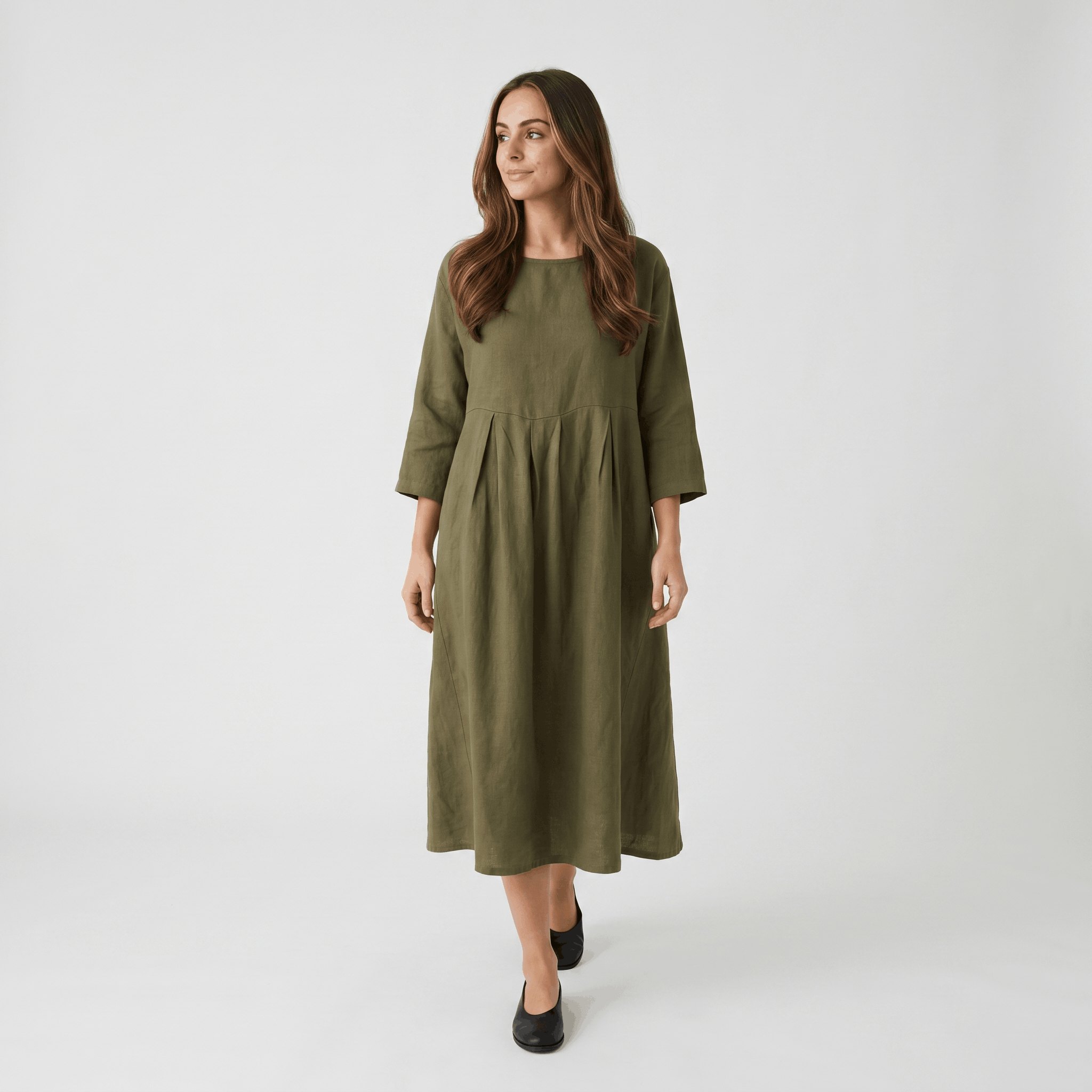 Fiona Cotton Linen Blend Midi Dress – Three Quarter Sleeve Relaxed Everyday Elegance