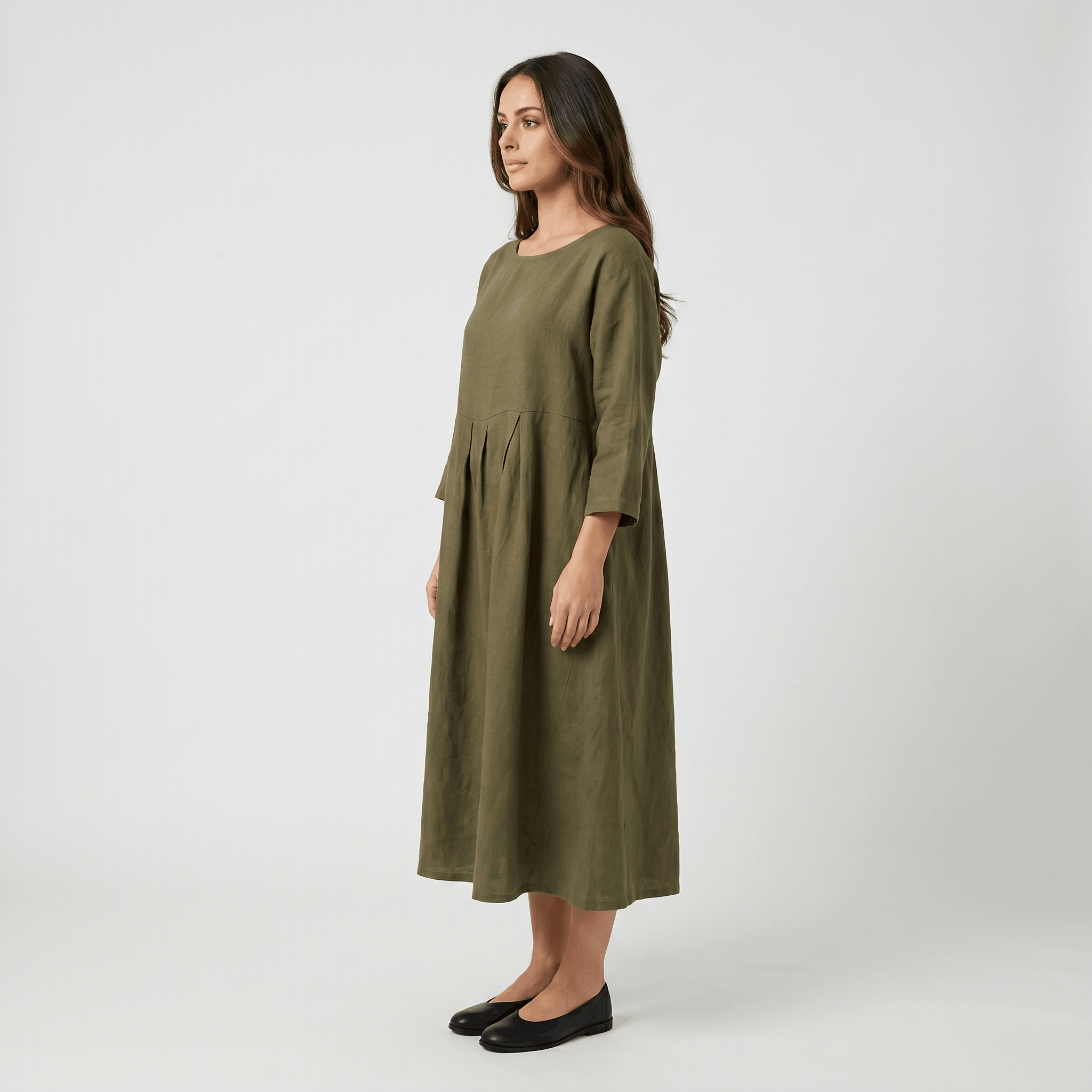 Fiona Cotton Linen Blend Midi Dress – Three Quarter Sleeve Relaxed Everyday Elegance