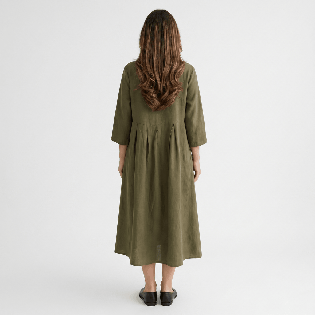 Fiona Cotton Linen Blend Midi Dress – Three Quarter Sleeve Relaxed Everyday Elegance