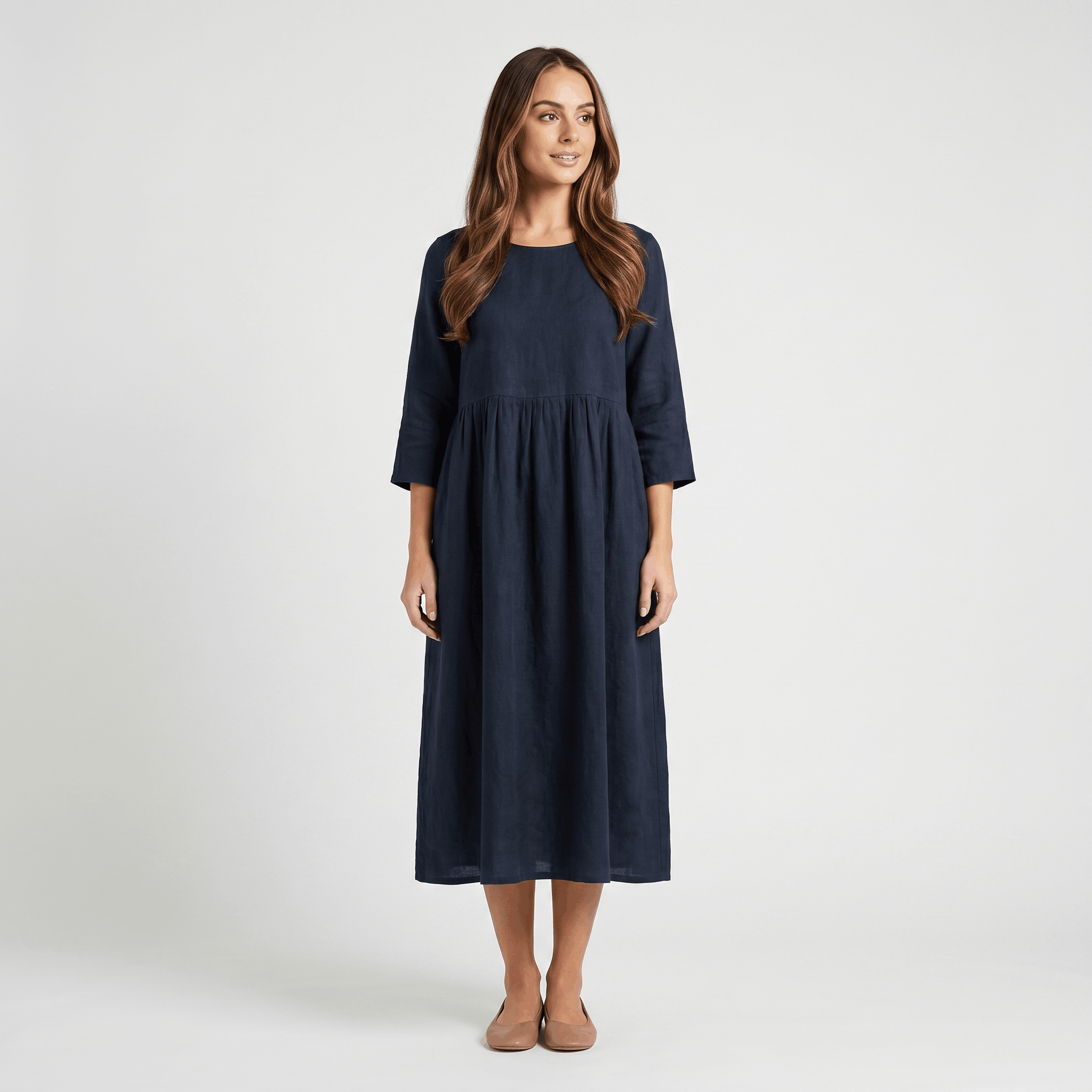 Fiona Cotton Linen Blend Midi Dress – Three Quarter Sleeve Relaxed Everyday Elegance
