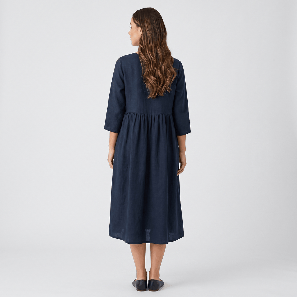 Fiona Cotton Linen Blend Midi Dress – Three Quarter Sleeve Relaxed Everyday Elegance