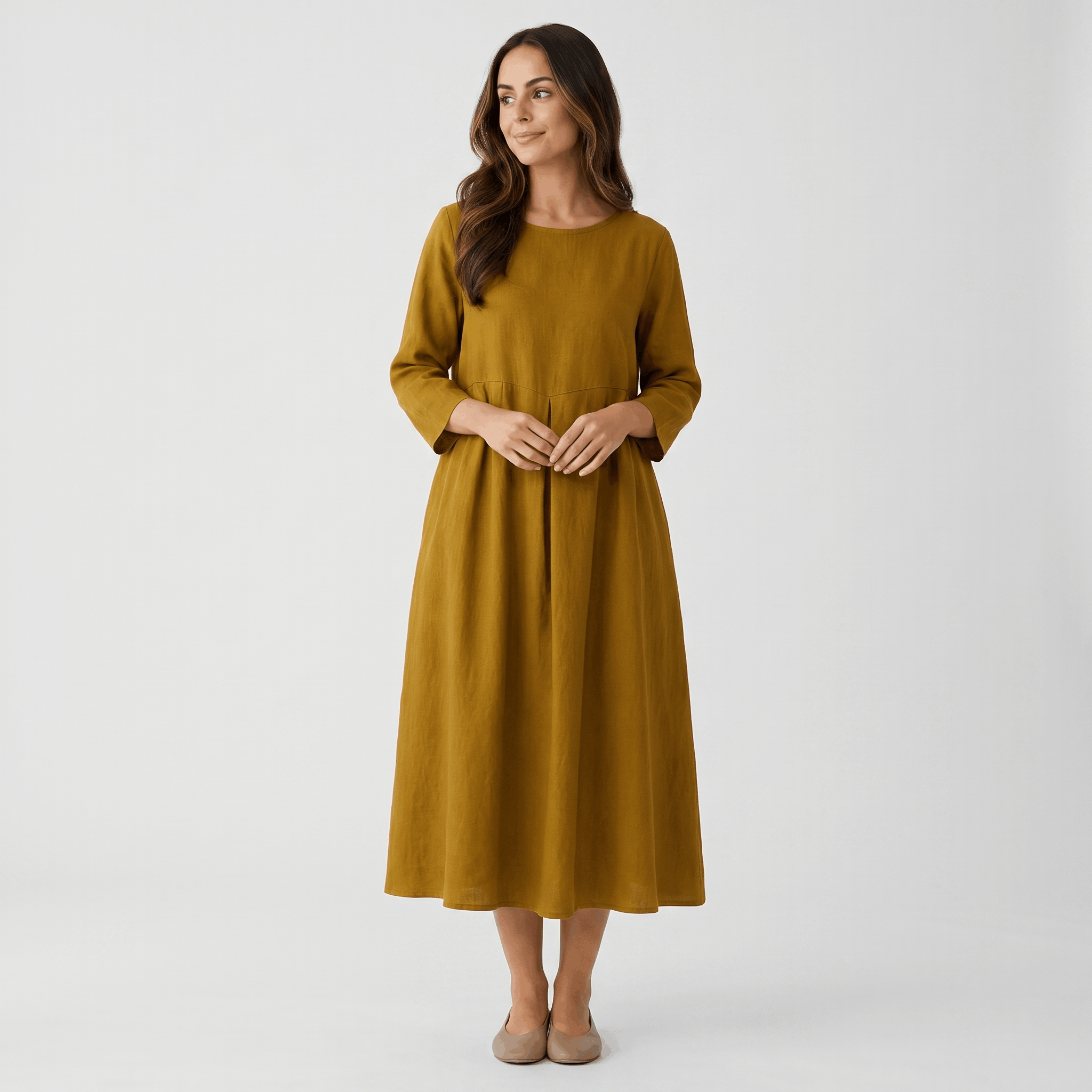 Fiona Cotton Linen Blend Midi Dress – Three Quarter Sleeve Relaxed Everyday Elegance