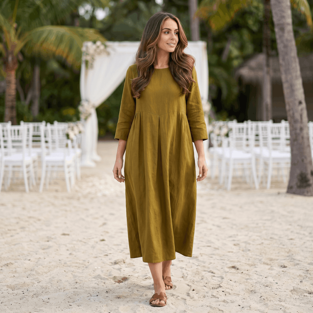 Fiona Cotton Linen Blend Midi Dress – Three Quarter Sleeve Relaxed Everyday Elegance