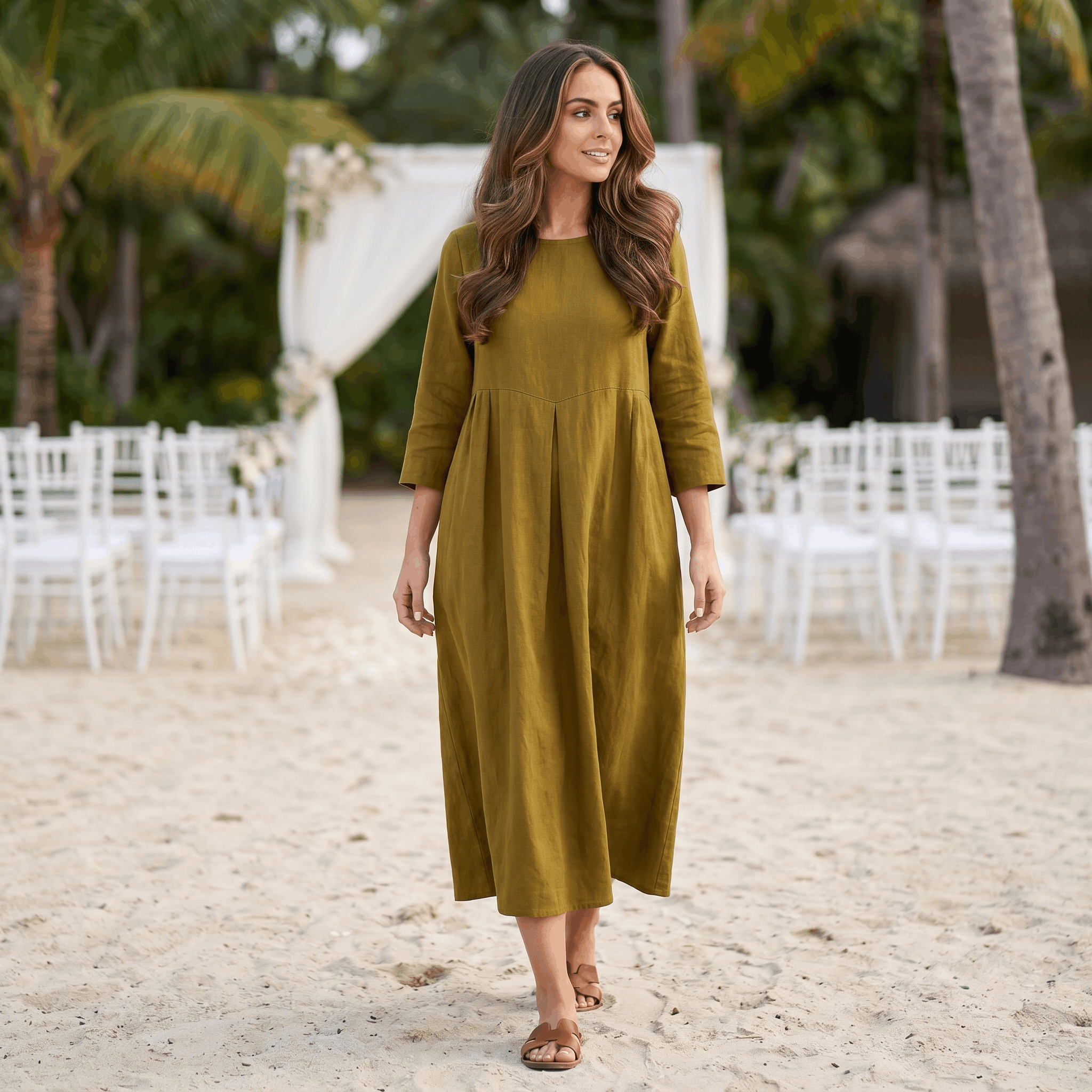 Fiona Cotton Linen Blend Midi Dress – Three Quarter Sleeve Relaxed Everyday Elegance