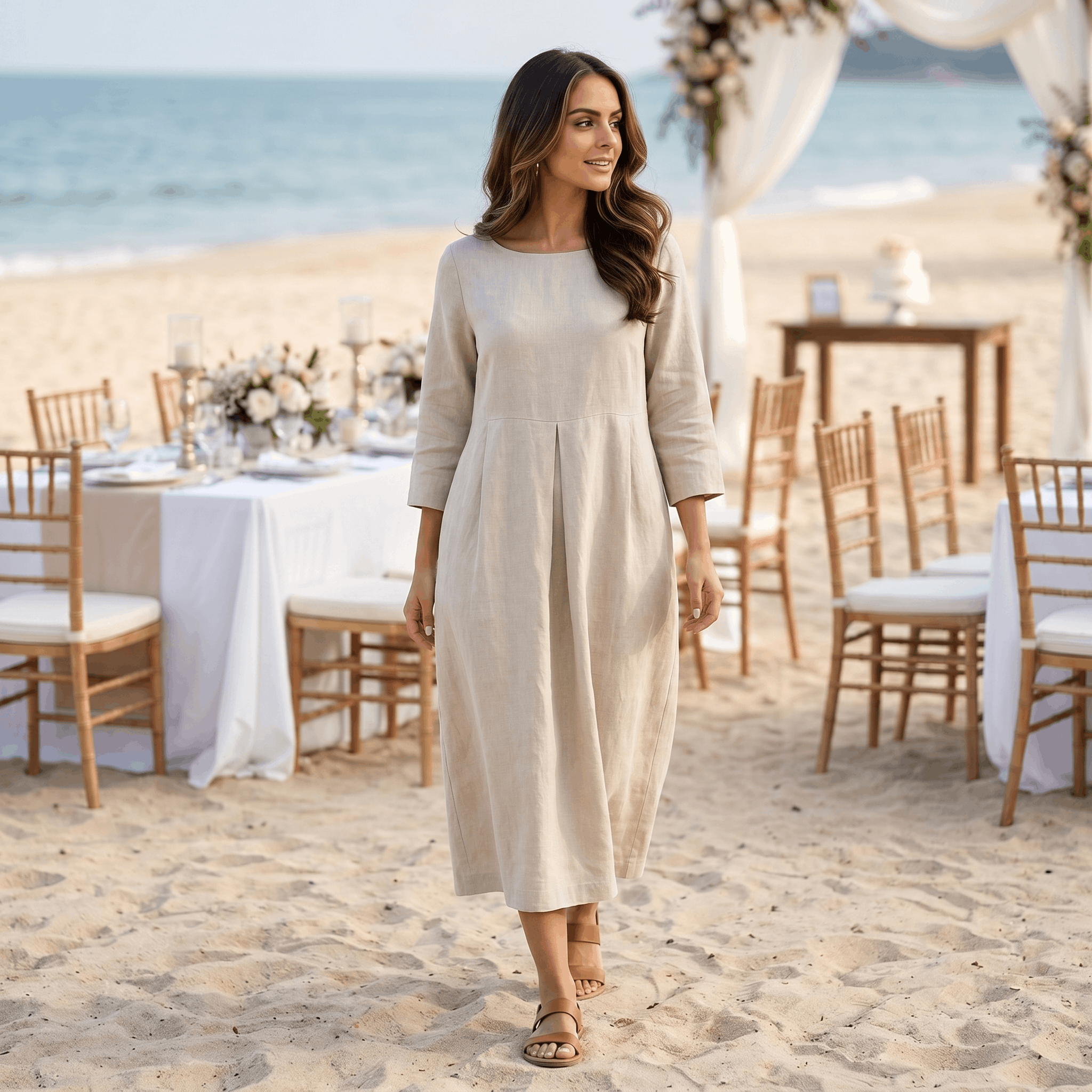 Fiona Cotton Linen Blend Midi Dress – Three Quarter Sleeve Relaxed Everyday Elegance