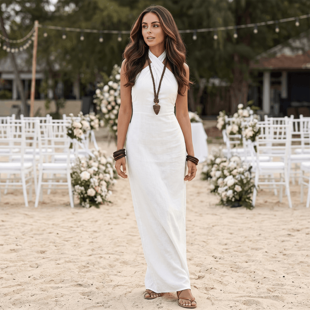 Solana Linen Halter Criss-Cross Maxi Dress – Sleeveless Slim Fit Flowy Boho Evening Outfit