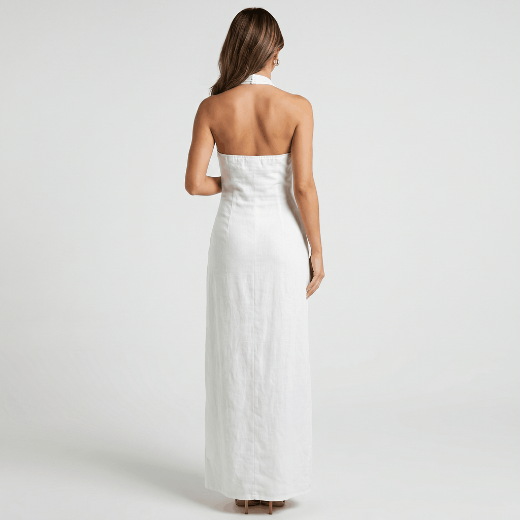 Solana Linen Halter Criss-Cross Maxi Dress – Sleeveless Slim Fit Flowy Boho Evening Outfit