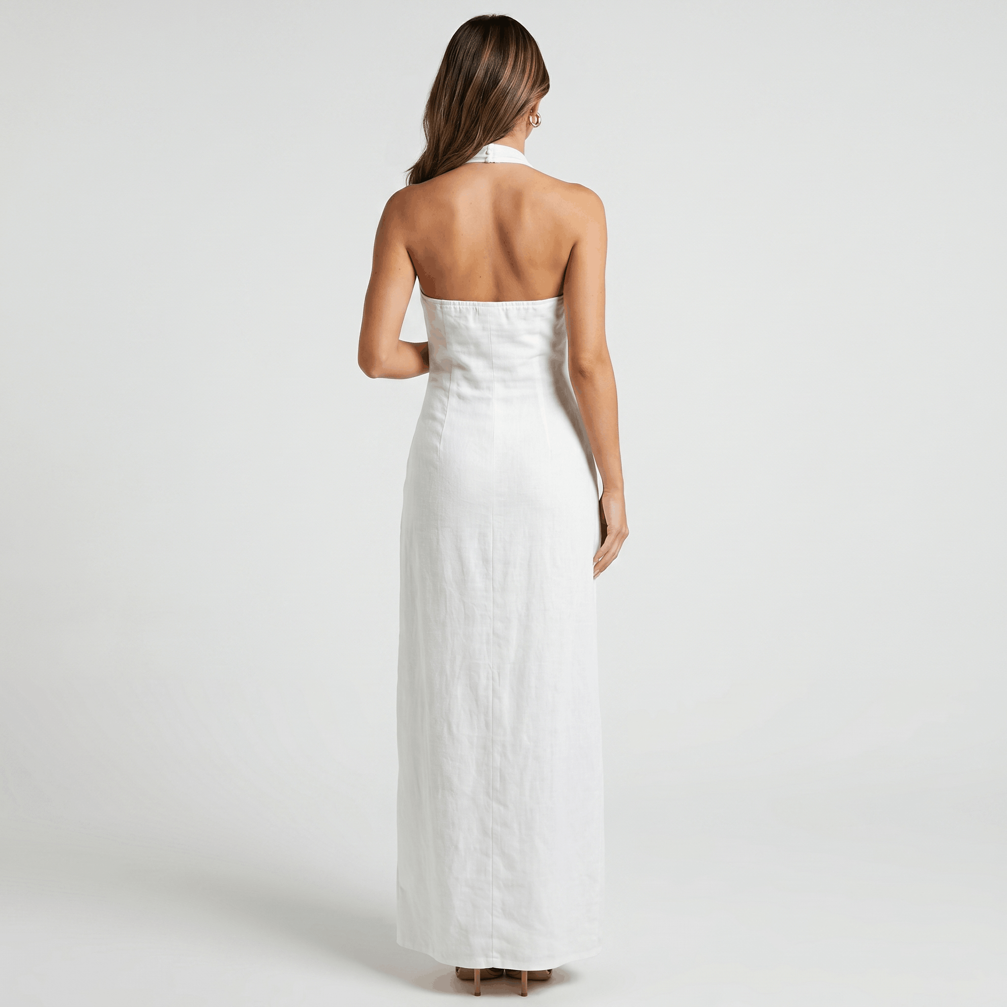 Solana Linen Halter Criss-Cross Maxi Dress – Sleeveless Slim Fit Flowy Boho Evening Outfit