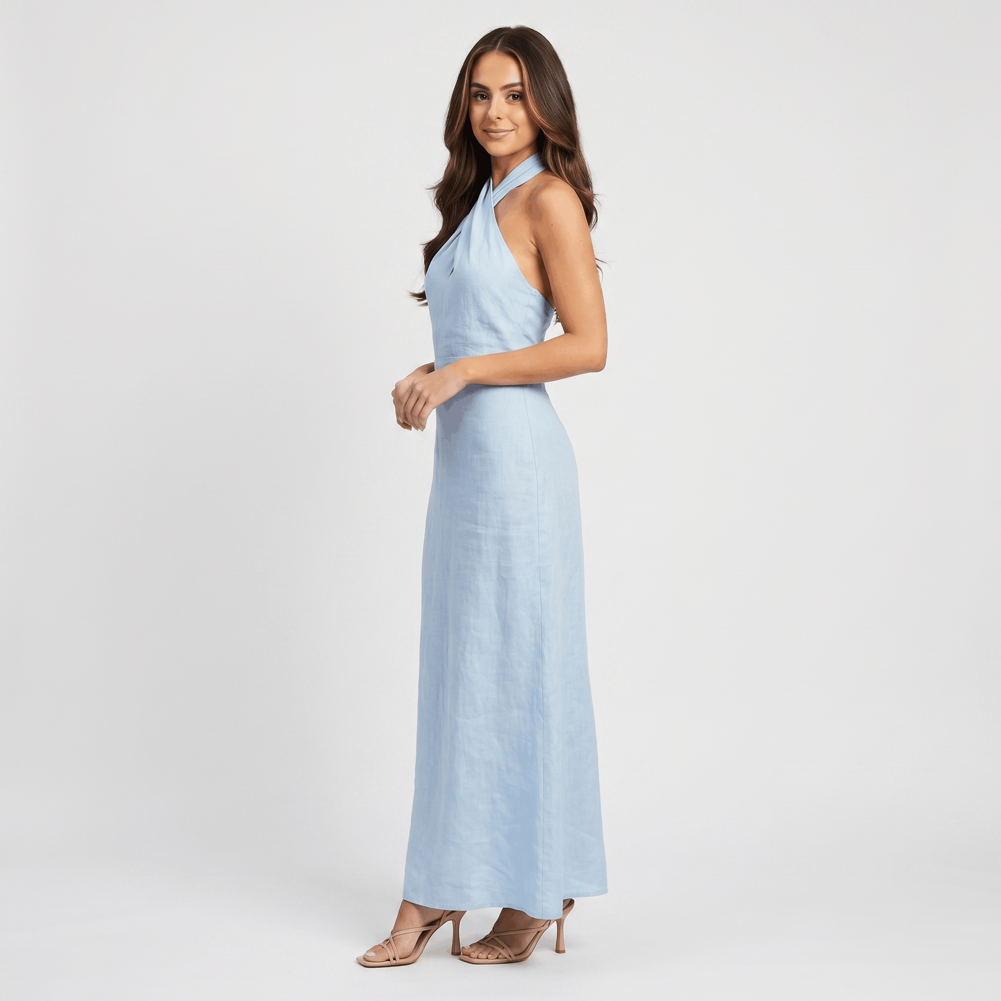 Solana Linen Halter Criss-Cross Maxi Dress – Sleeveless Slim Fit Flowy Boho Evening Outfit