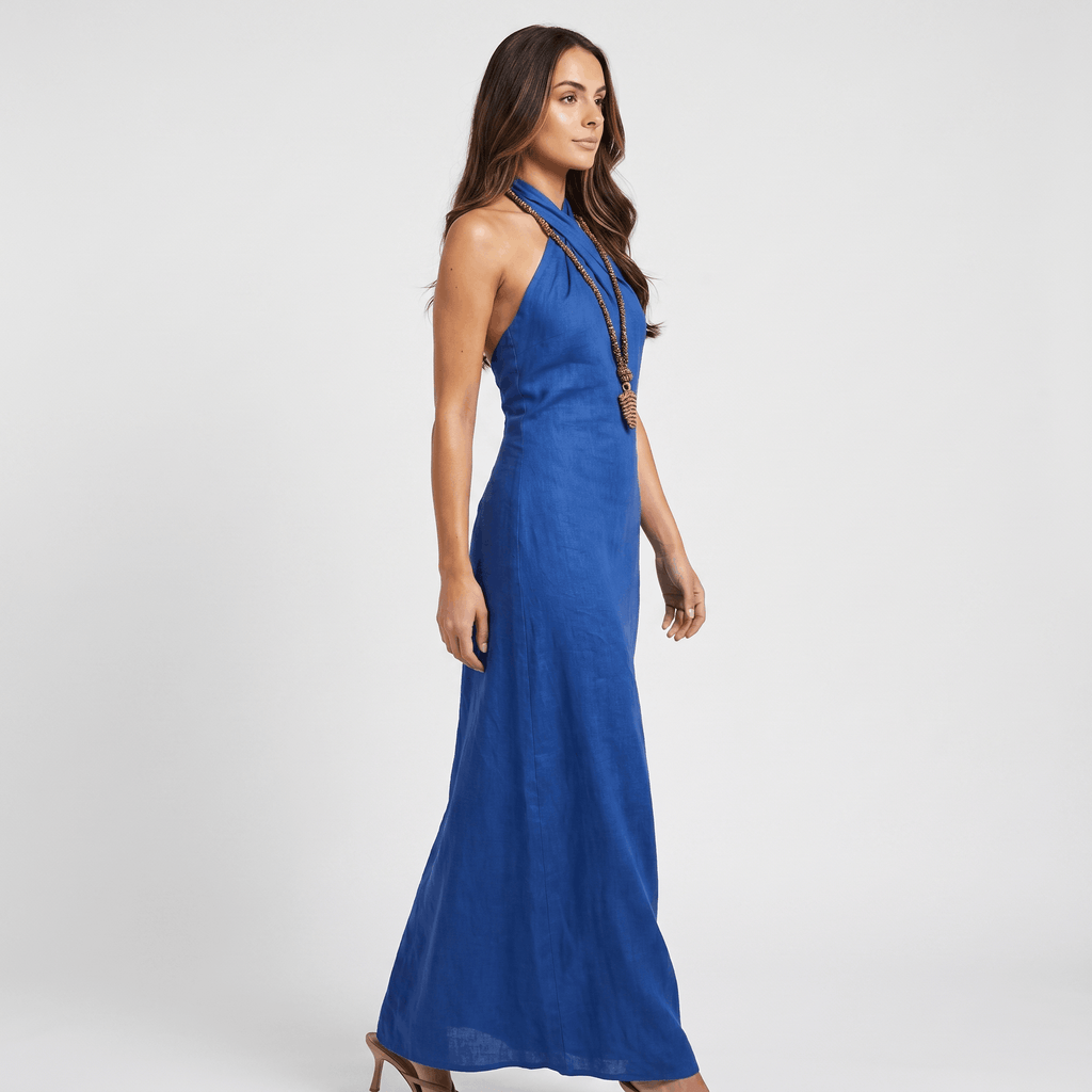 Solana Linen Halter Criss-Cross Maxi Dress – Sleeveless Slim Fit Flowy Boho Evening Outfit