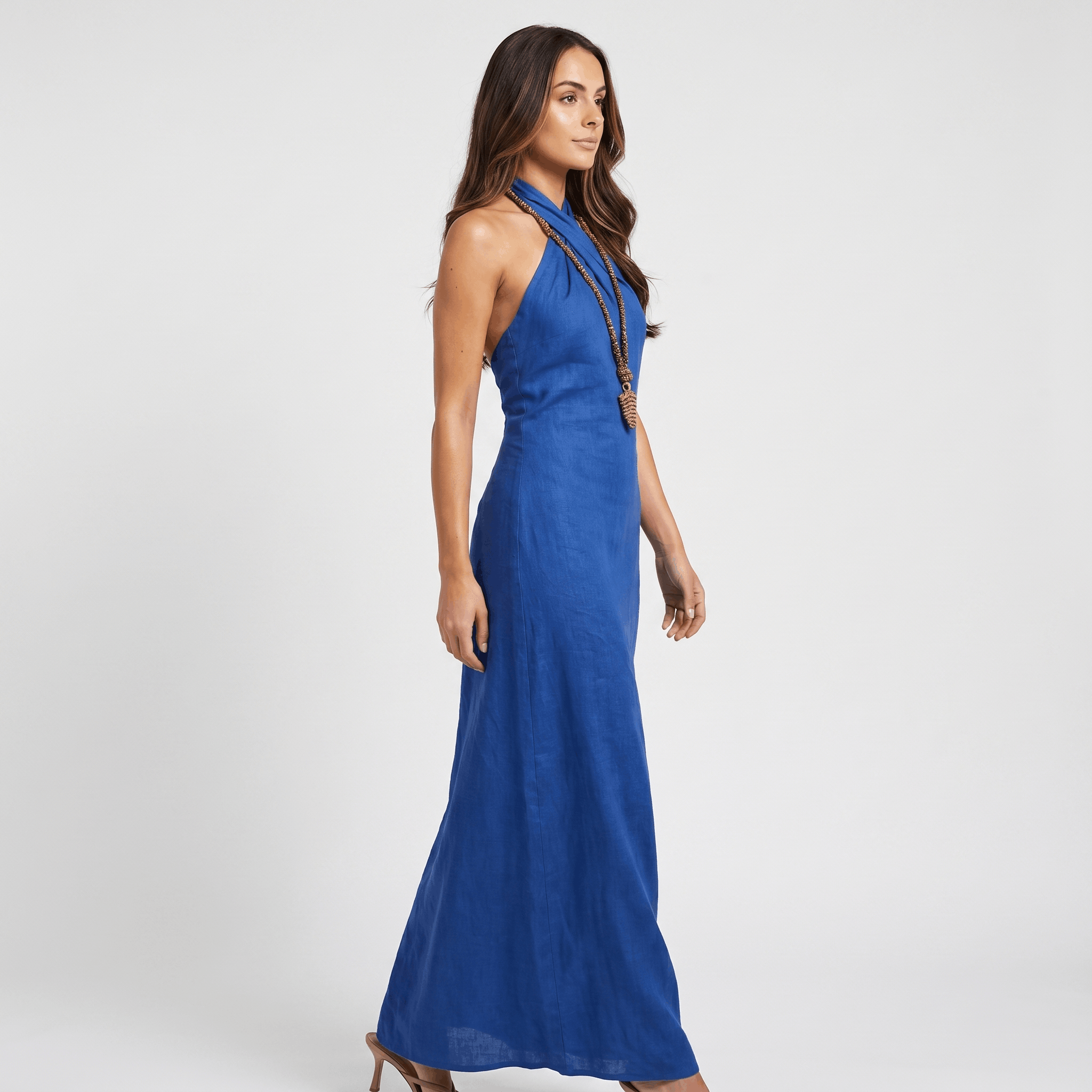 Solana Linen Halter Criss-Cross Maxi Dress – Sleeveless Slim Fit Flowy Boho Evening Outfit