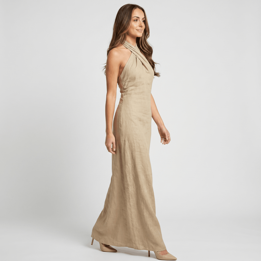 Solana Linen Halter Criss-Cross Maxi Dress – Sleeveless Slim Fit Flowy Boho Evening Outfit