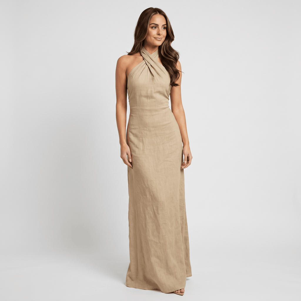 Solana Linen Halter Criss-Cross Maxi Dress – Sleeveless Slim Fit Flowy Boho Evening Outfit