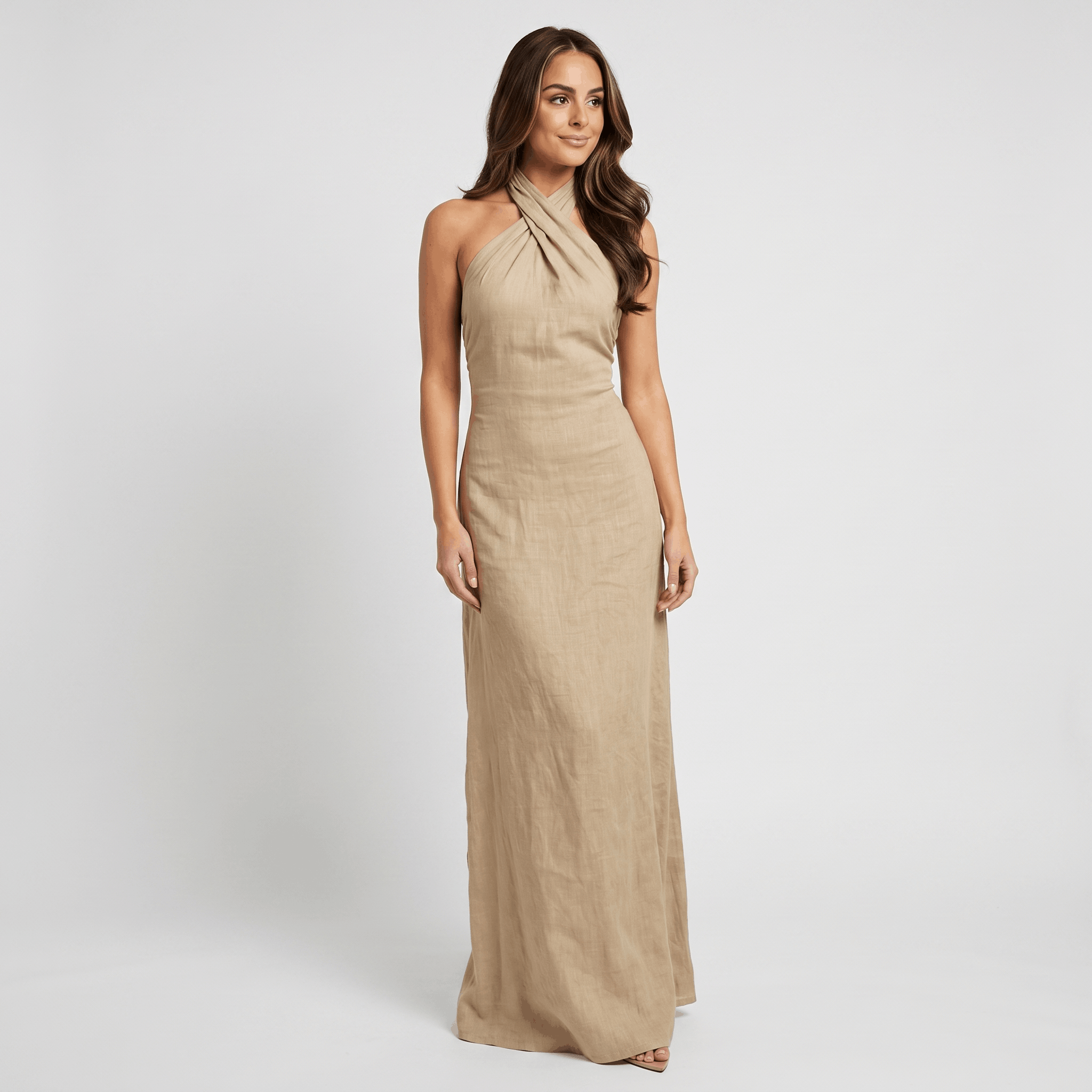 Solana Linen Halter Criss-Cross Maxi Dress – Sleeveless Slim Fit Flowy Boho Evening Outfit