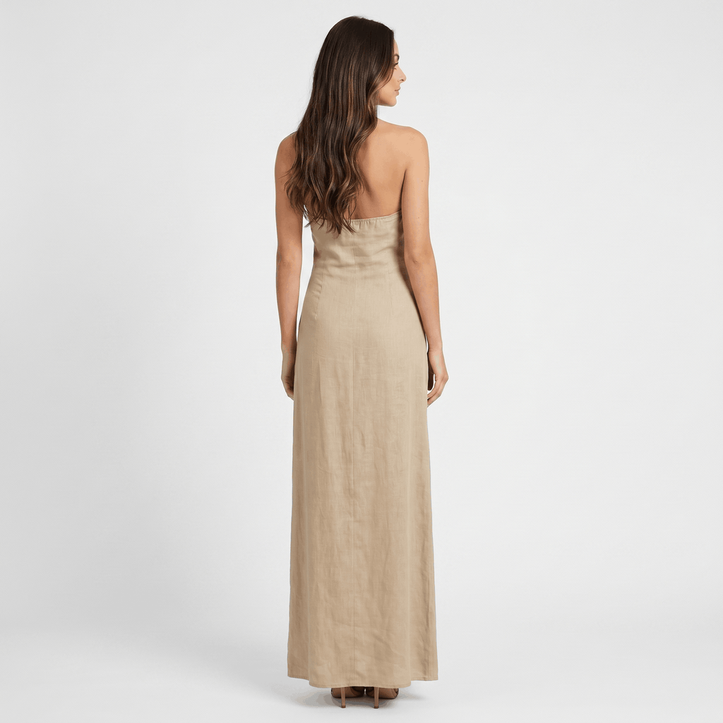 Solana Linen Halter Criss-Cross Maxi Dress – Sleeveless Slim Fit Flowy Boho Evening Outfit