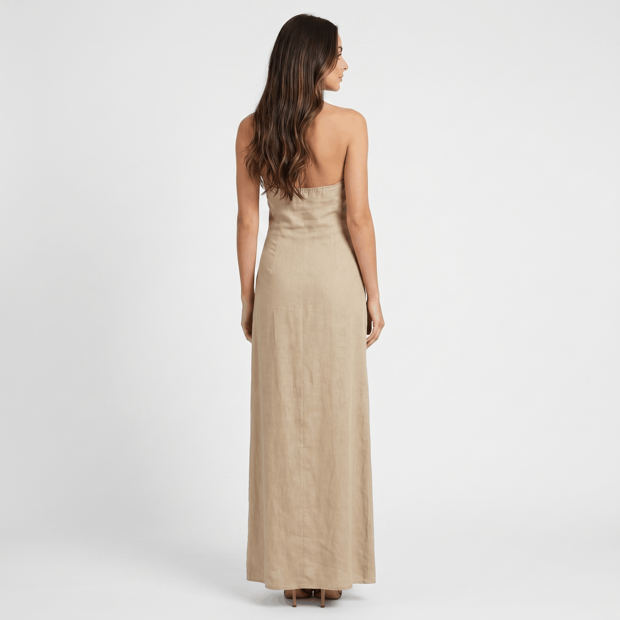 Solana Linen Halter Criss-Cross Maxi Dress – Sleeveless Slim Fit Flowy Boho Evening Outfit