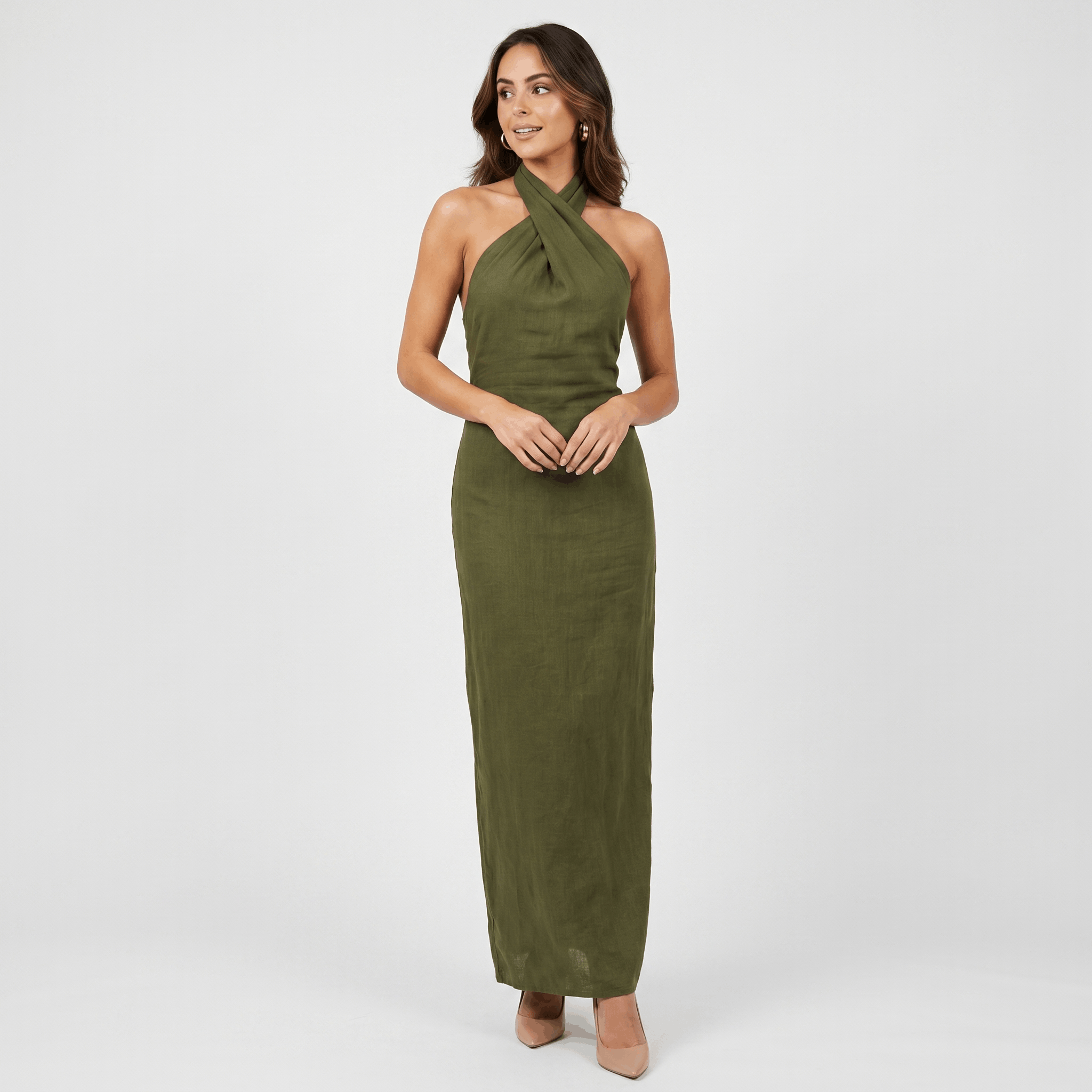 Solana Linen Halter Criss-Cross Maxi Dress – Sleeveless Slim Fit Flowy Boho Evening Outfit