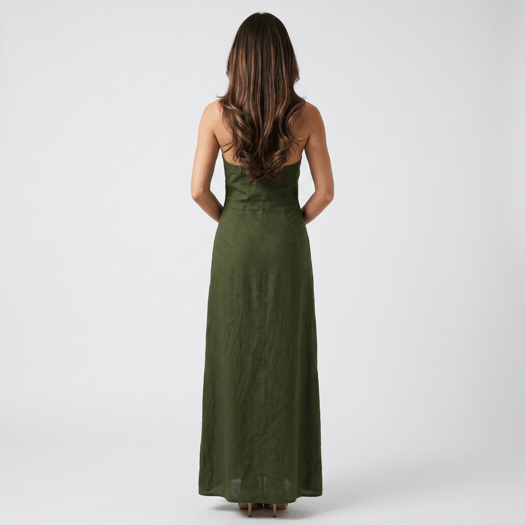 Solana Linen Halter Criss-Cross Maxi Dress – Sleeveless Slim Fit Flowy Boho Evening Outfit