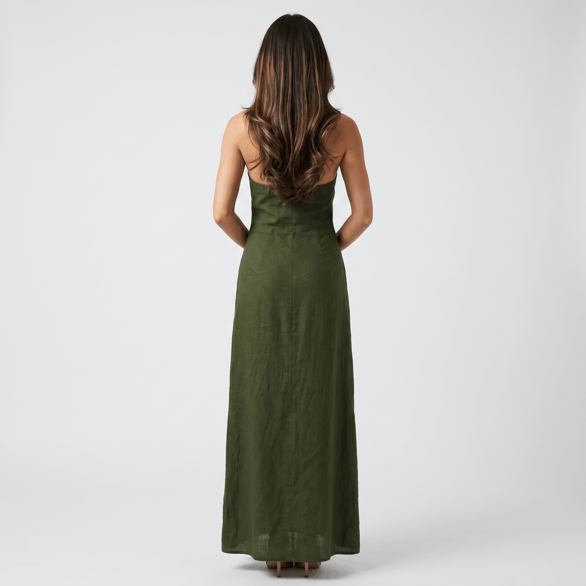 Solana Linen Halter Criss-Cross Maxi Dress – Sleeveless Slim Fit Flowy Boho Evening Outfit