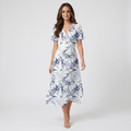Selene Botanical Print Wrap Midi Dress – V-Neck Ruched-Waist Flutter-Sleeve
