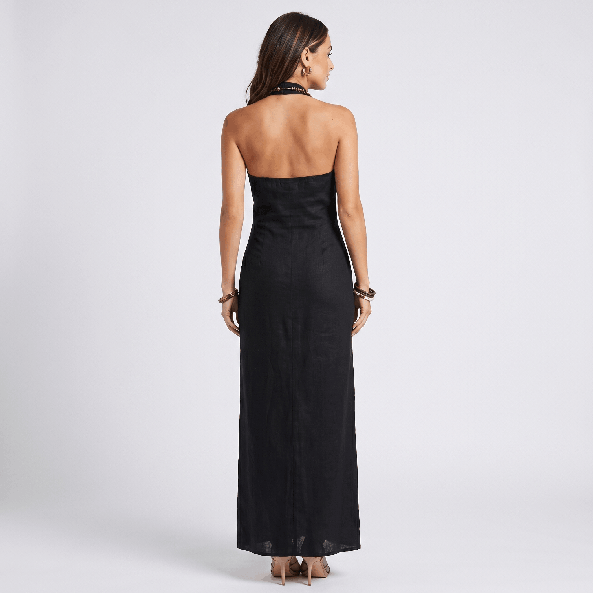 Solana Linen Halter Criss-Cross Maxi Dress – Sleeveless Slim Fit Flowy Boho Evening Outfit