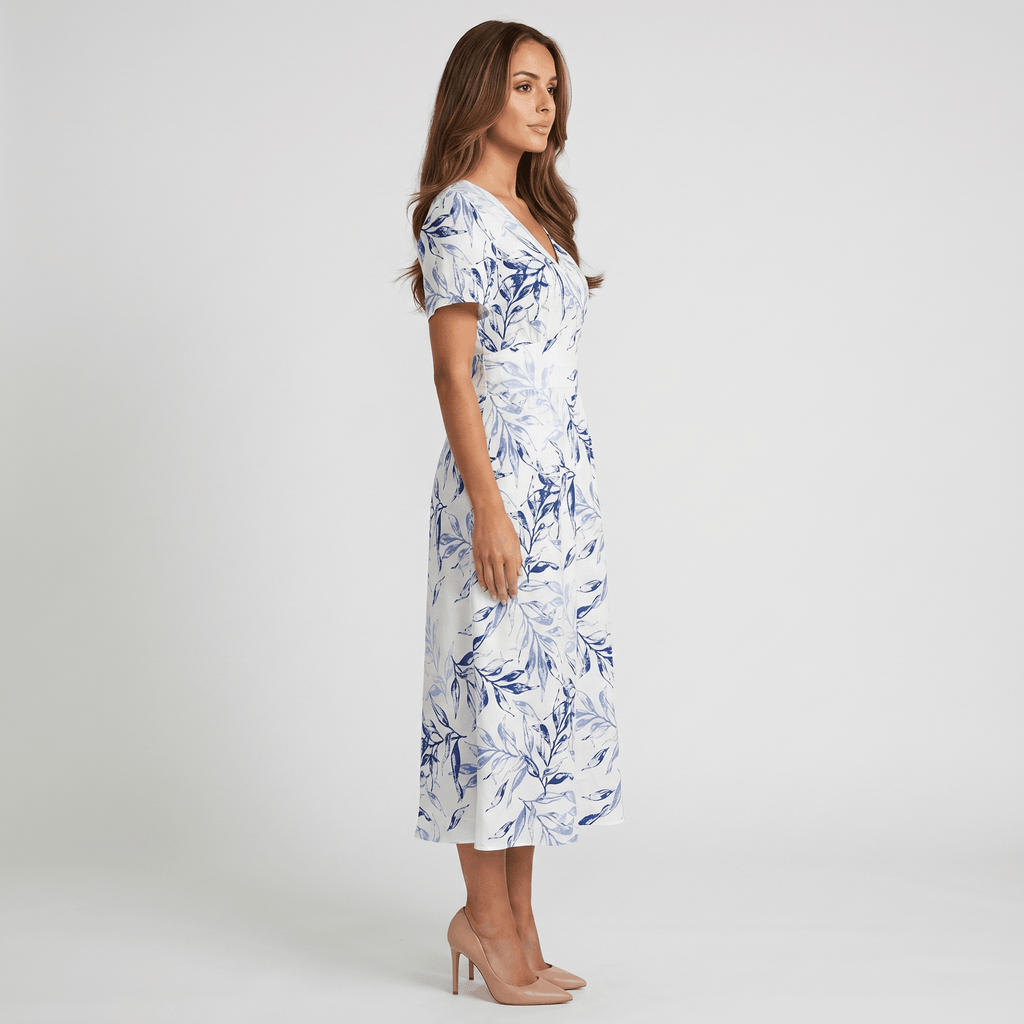 Selene Botanical Print Wrap Midi Dress – V-Neck Ruched-Waist Flutter-Sleeve