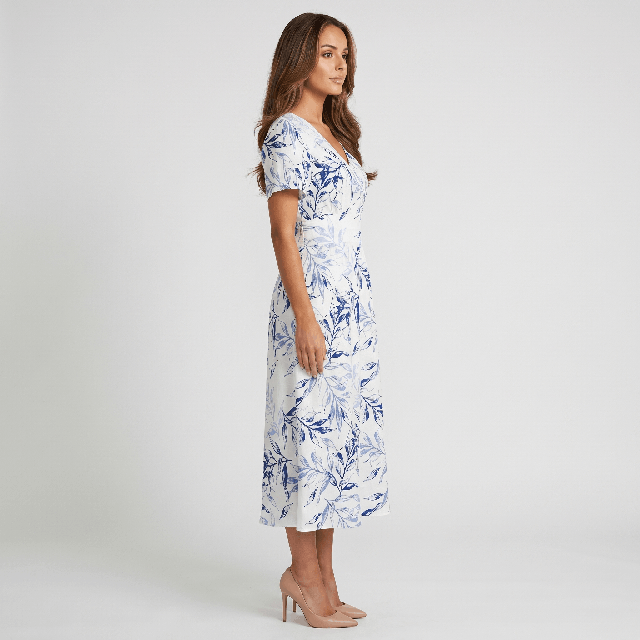 Selene Botanical Print Wrap Midi Dress – V-Neck Ruched-Waist Flutter-Sleeve