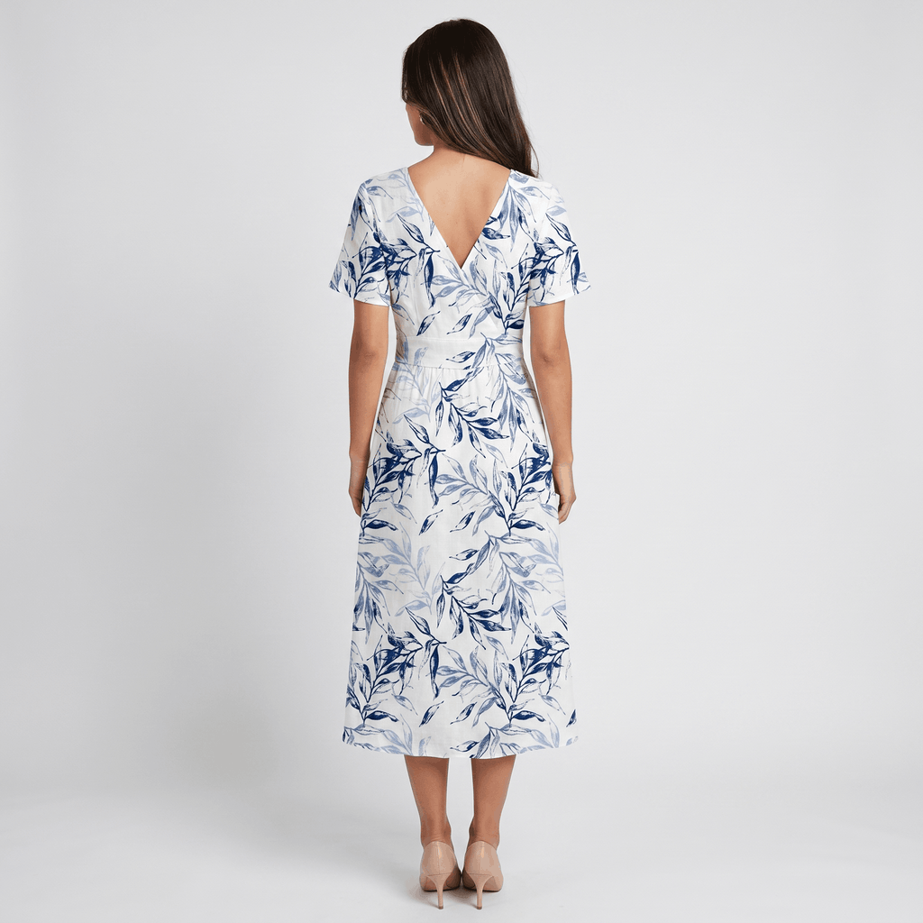 Selene Botanical Print Wrap Midi Dress – V-Neck Ruched-Waist Flutter-Sleeve