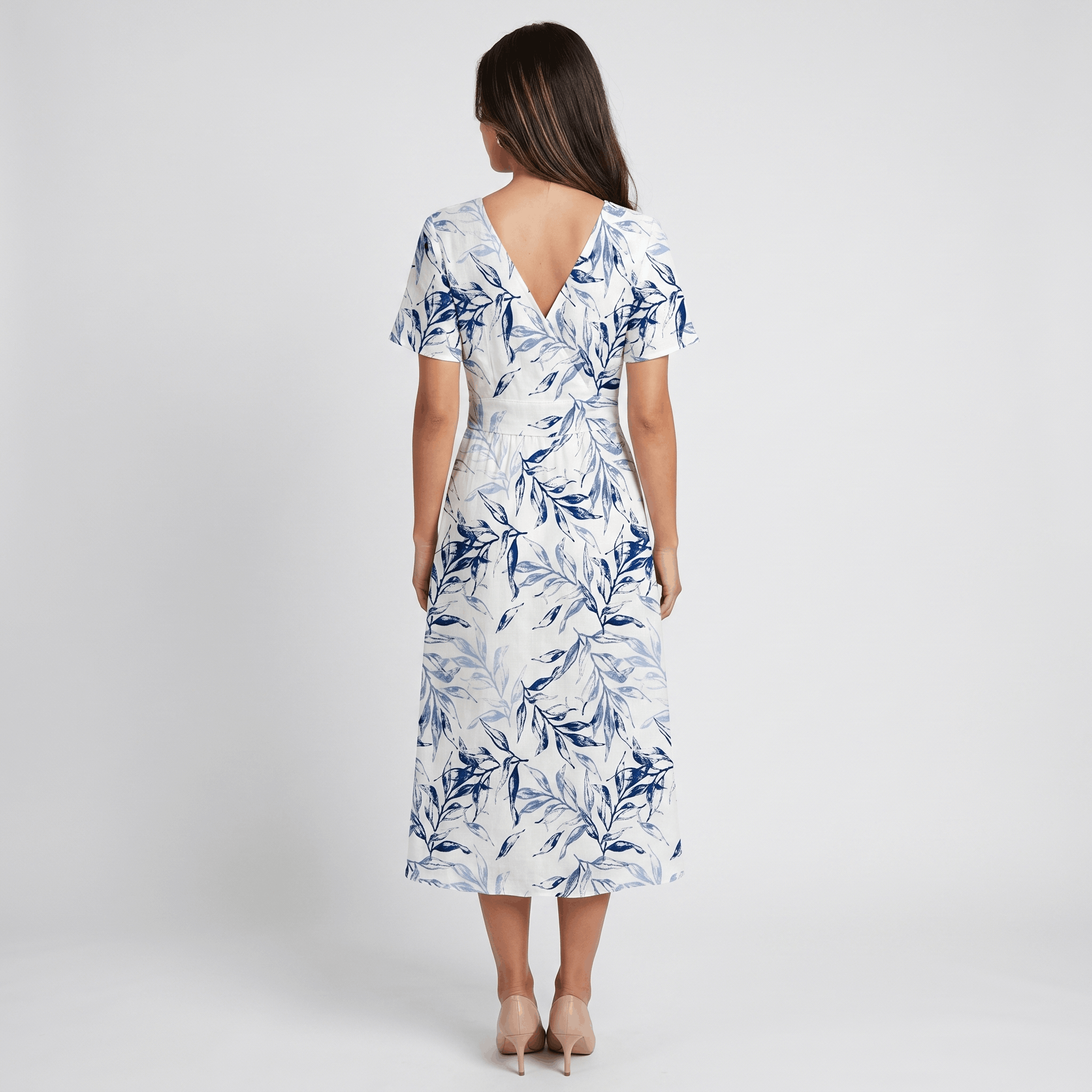Selene Botanical Print Wrap Midi Dress – V-Neck Ruched-Waist Flutter-Sleeve