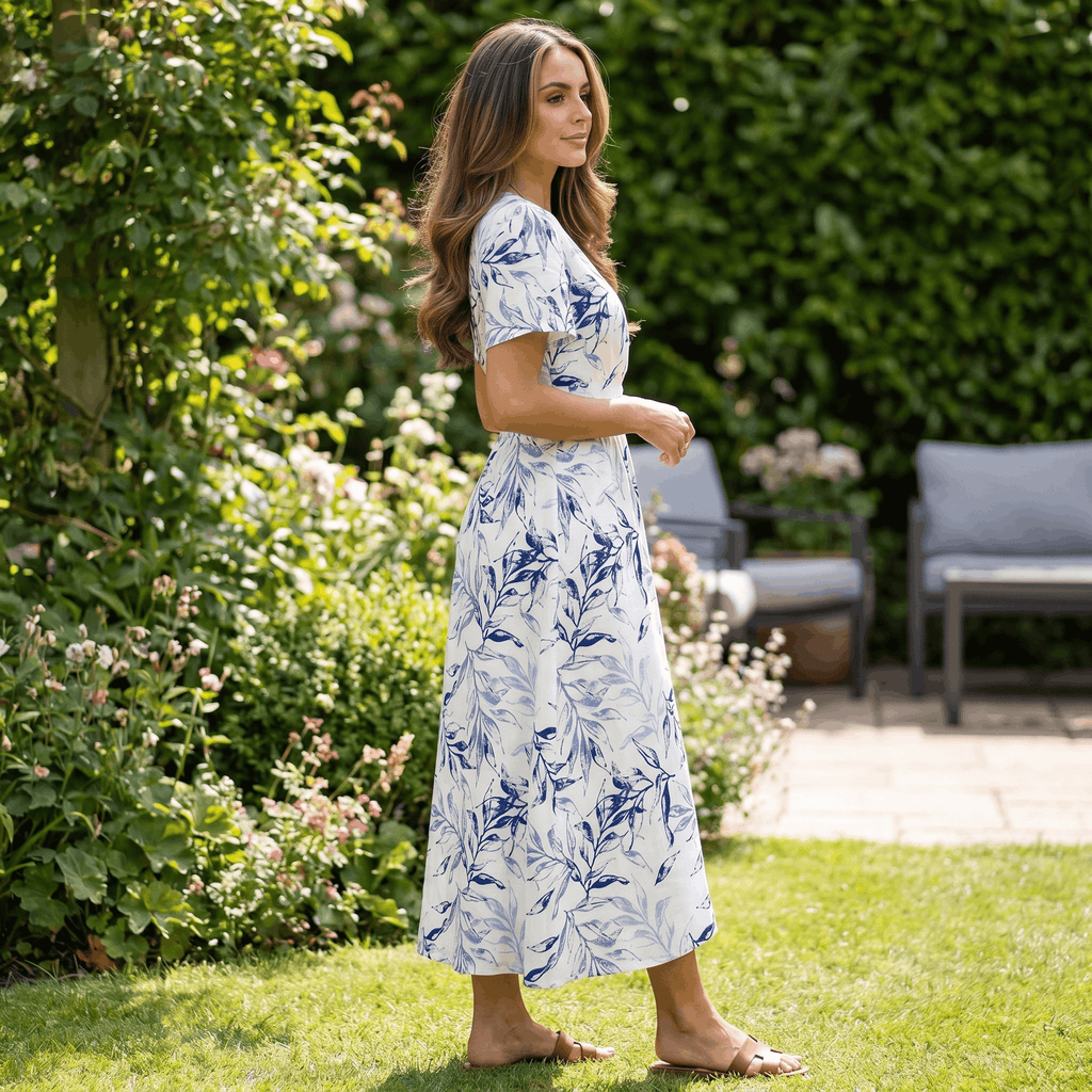 Selene Botanical Print Wrap Midi Dress – V-Neck Ruched-Waist Flutter-Sleeve