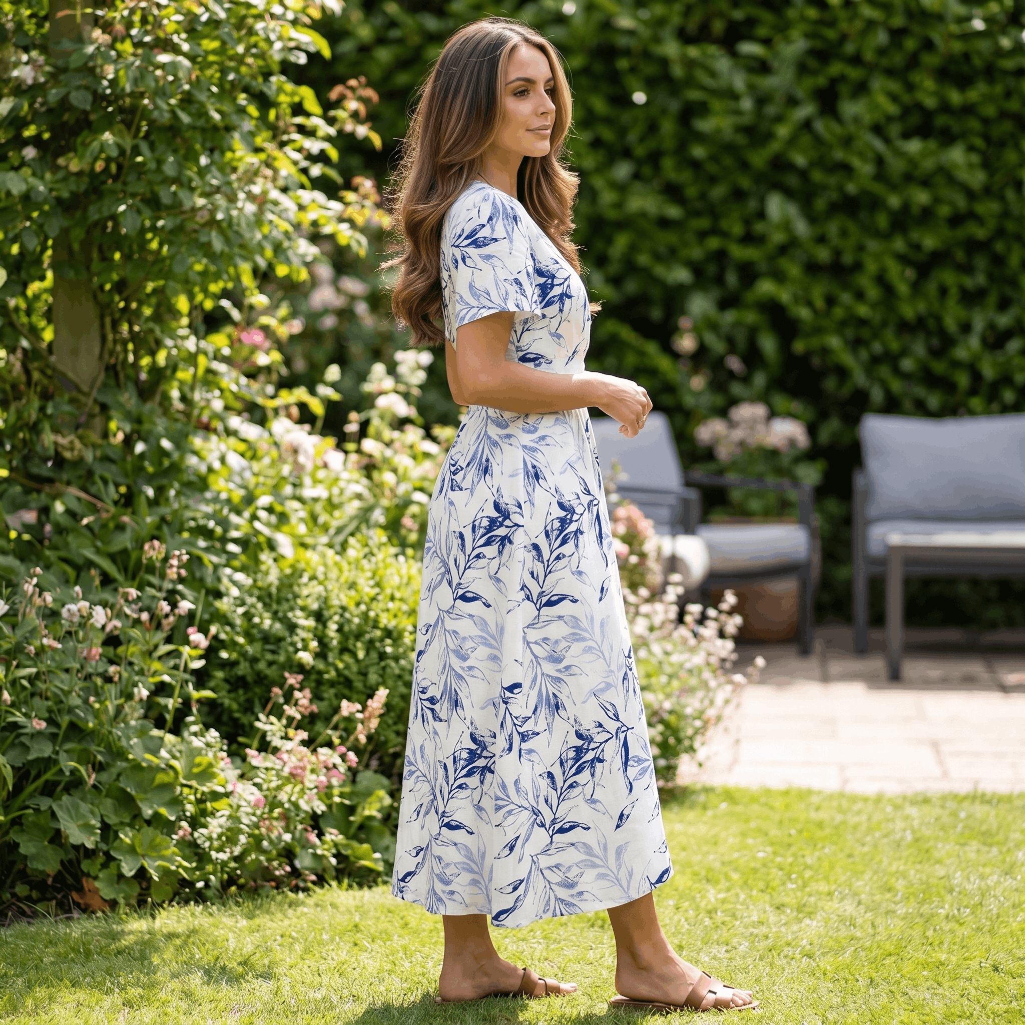 Selene Botanical Print Wrap Midi Dress – V-Neck Ruched-Waist Flutter-Sleeve