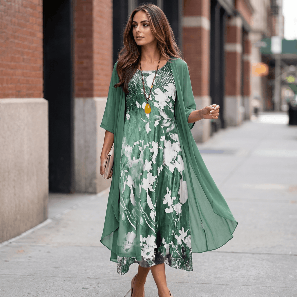 Aria Floral Print Midi Dress Set – Sheer Chiffon Asymmetrical Hem Quarter-Sleeve Cardigan